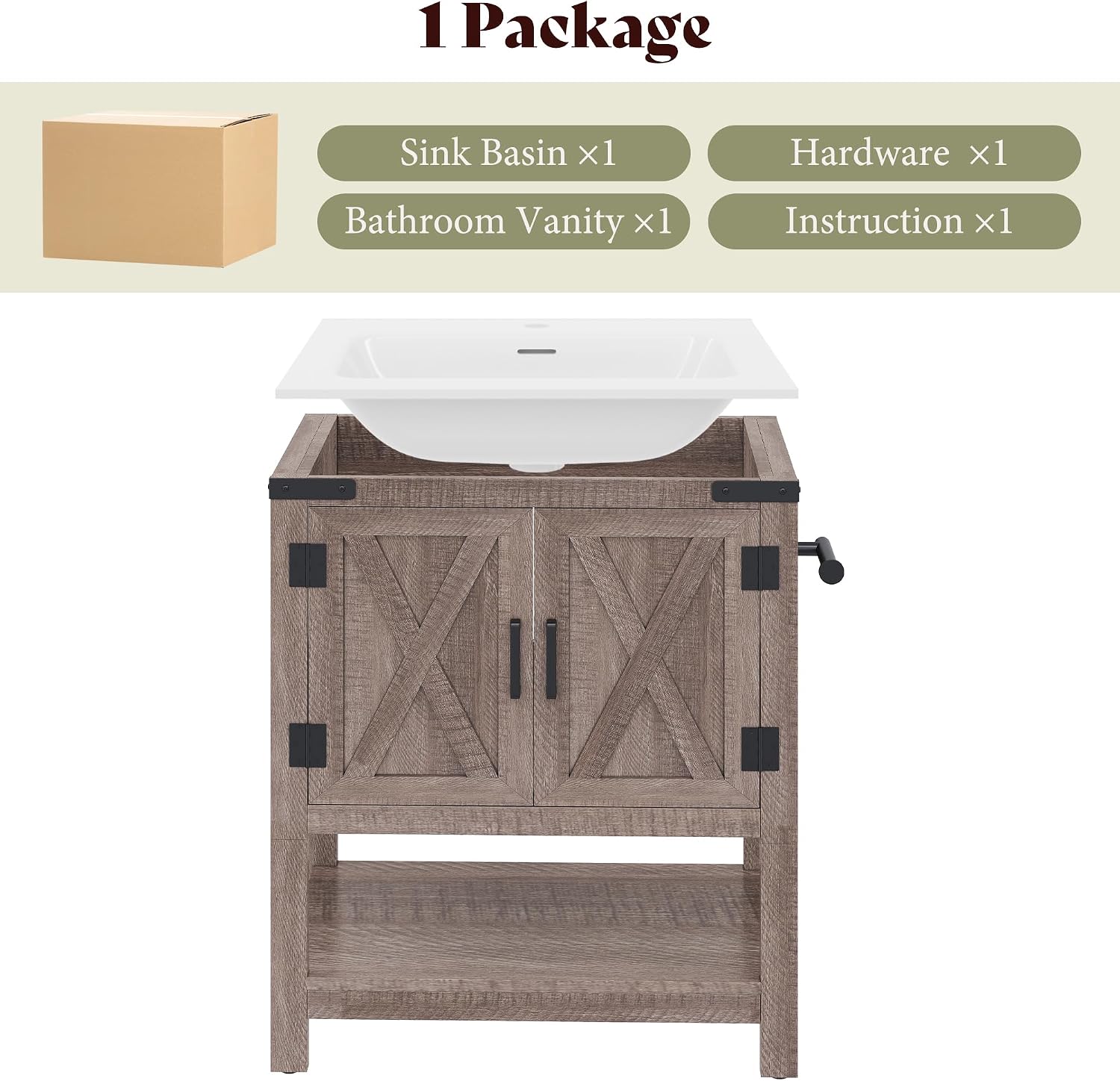 AMERLIFE 24' Farmhouse Bathroom Vanity with Sink Combo, Wood Barn Doors & Open Shelf, Freestanding Single Bathroom Storage Cabinet, Paper Towel Holder, Easy-Clean Countertop, Light Gray