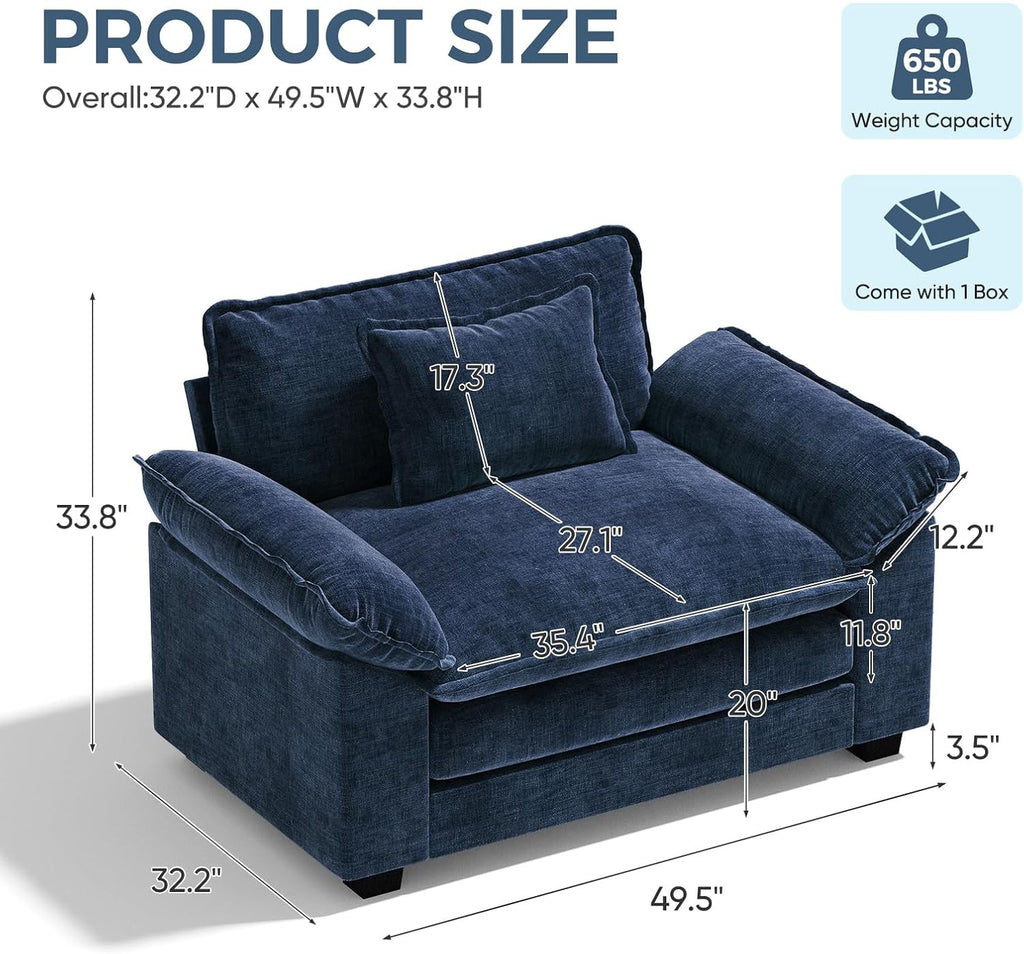 HUSFU 49.5'' W Oversized Accent Chair, Chenille Cloud Sofa Chair with Deep Seat and Extra Wide Armrests, Comfy Reading Armchair for Bedroom, Living Room, Blue