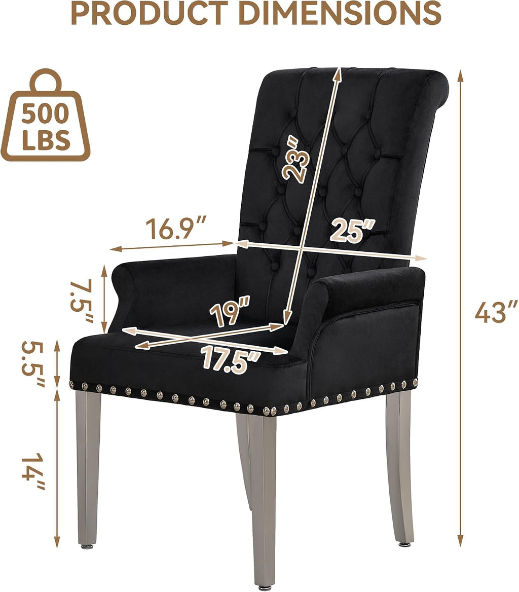 WUTUTUEE Velvet Dining Chair with Arms, Upholstered Tufted High Back Dining Room Chairs, Accent Armchair with Chrome Leg and Nailhead Trim, Kitchen Dining Living Room, Black
