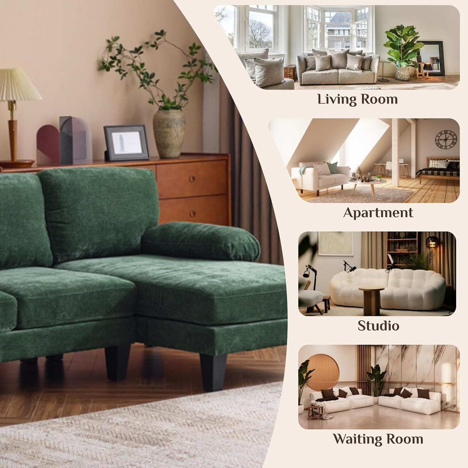 Karl home U-Shape Sectional Sofa Couch 111' Modern 4-Seat Sofa with Chaises Chenille Fabric Upholstered Covertible Couch with Wood Grain Legs for Living Room, Reception Room, Apartment, Green