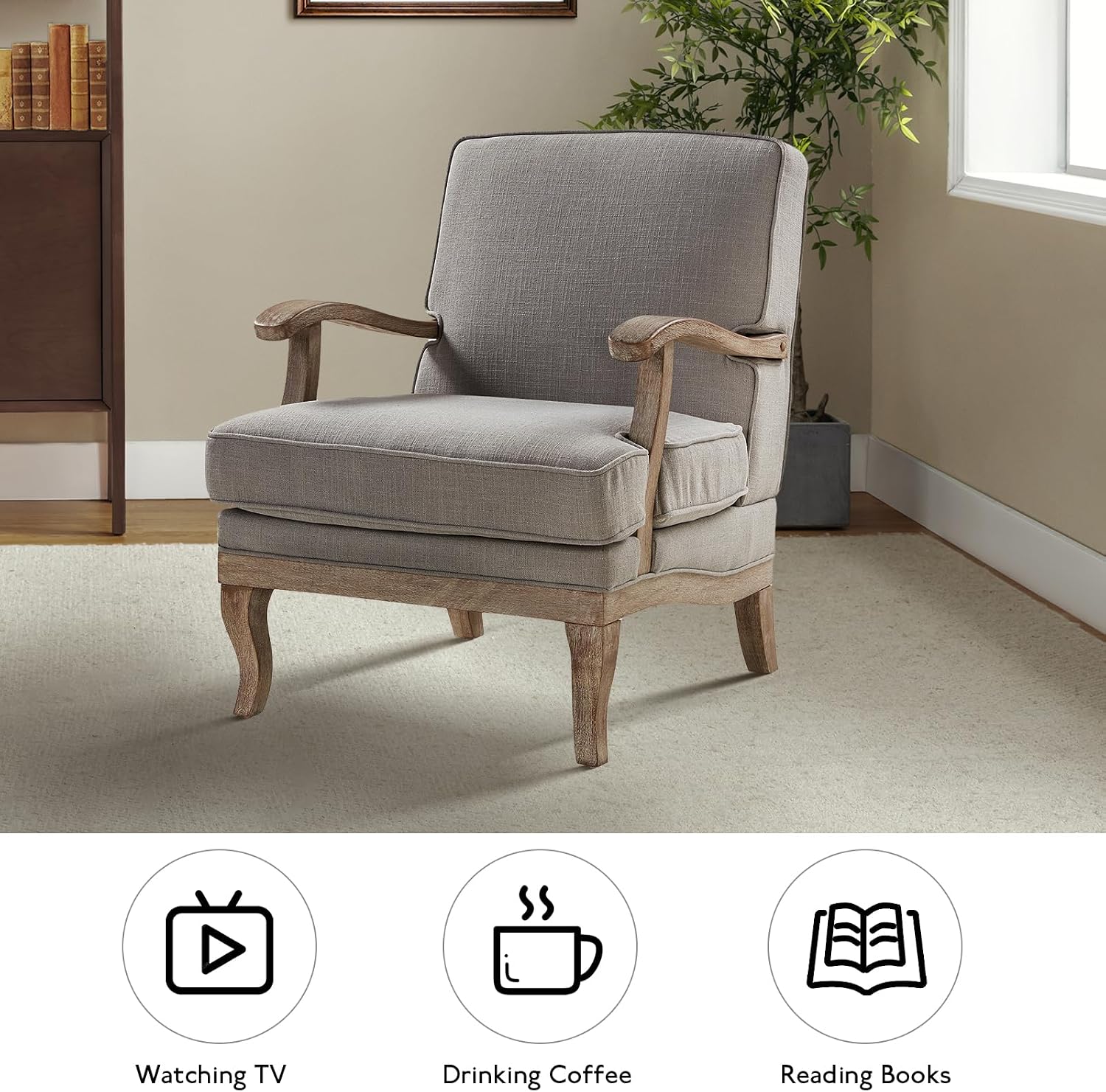 HULALA HOME Mid-Century Modern Accent Chair, Upholstered Lounge Arm Chair with Solid Wood Legs and Armrest, Removable Cushion Comfy Retro Reading Armchair for Living Room, Bedroom, Balcony, Grey