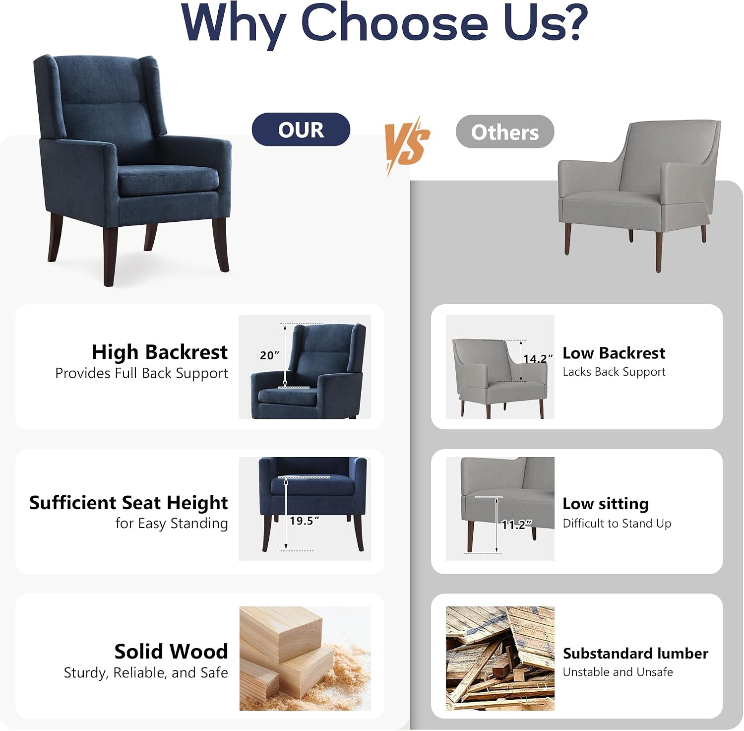 Zihanhome High Back Accent Chair, Fabric Living Room Chairs, Modern Comfy Chair with Wooden Legs,Upholstered Armchair for Living Room,Bedroom,Apartment,Reading Spaces.(1,Blue)