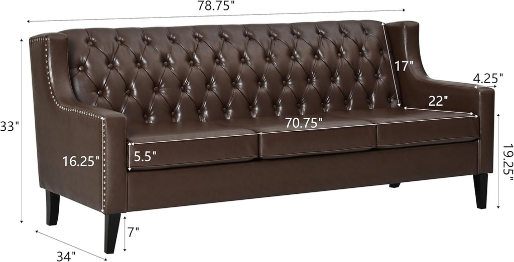 GDFStudio 78.75' 3-Seater Sofa, Button Tufted Backrest Big Comfy Couch with Cushions, Mid Century Modern Couches Home Living Room Sofa, Upholstered Sofas & Couches for Apartment Bedroom, Dark Brown