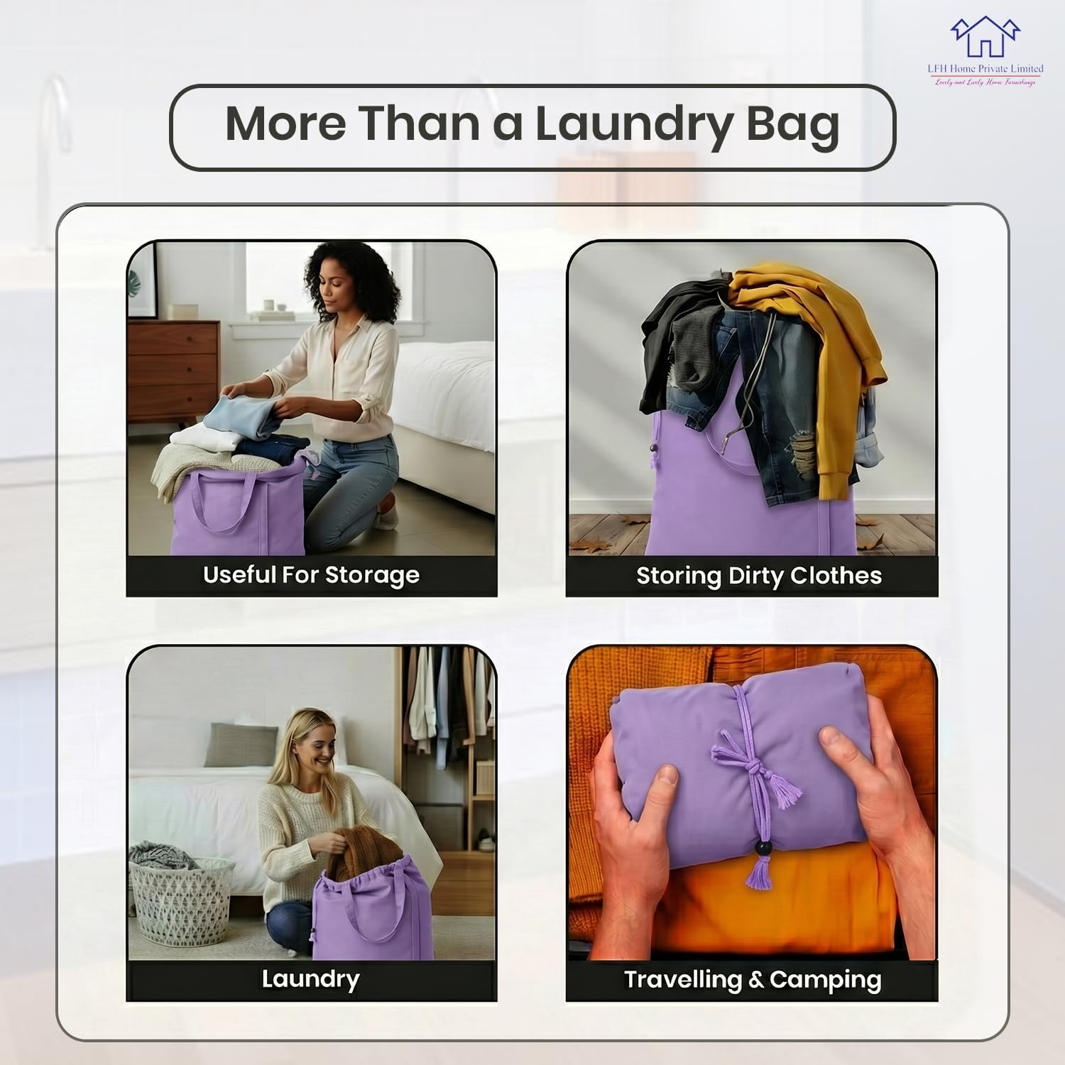 LFH Home Cotton Rich Large Premium Canvas Laundry Bag, Heavy Duty Washable Laundry Hamper with Drawstring & Handles, Multi-Use Clothes Storage for Home, Travel & College 18'x26' (Pack of 6) - Lavender
