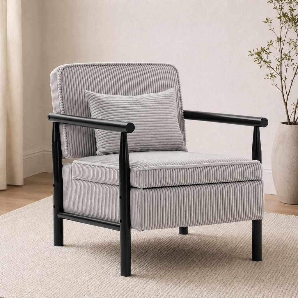Accent Chair with Hidden Storage, Mid-Century Upholstered Armchair with Solid Wood Frame, Corduroy Fabric Accent Chair for Living Room, Bedroom, and Reading Corner(Grey)