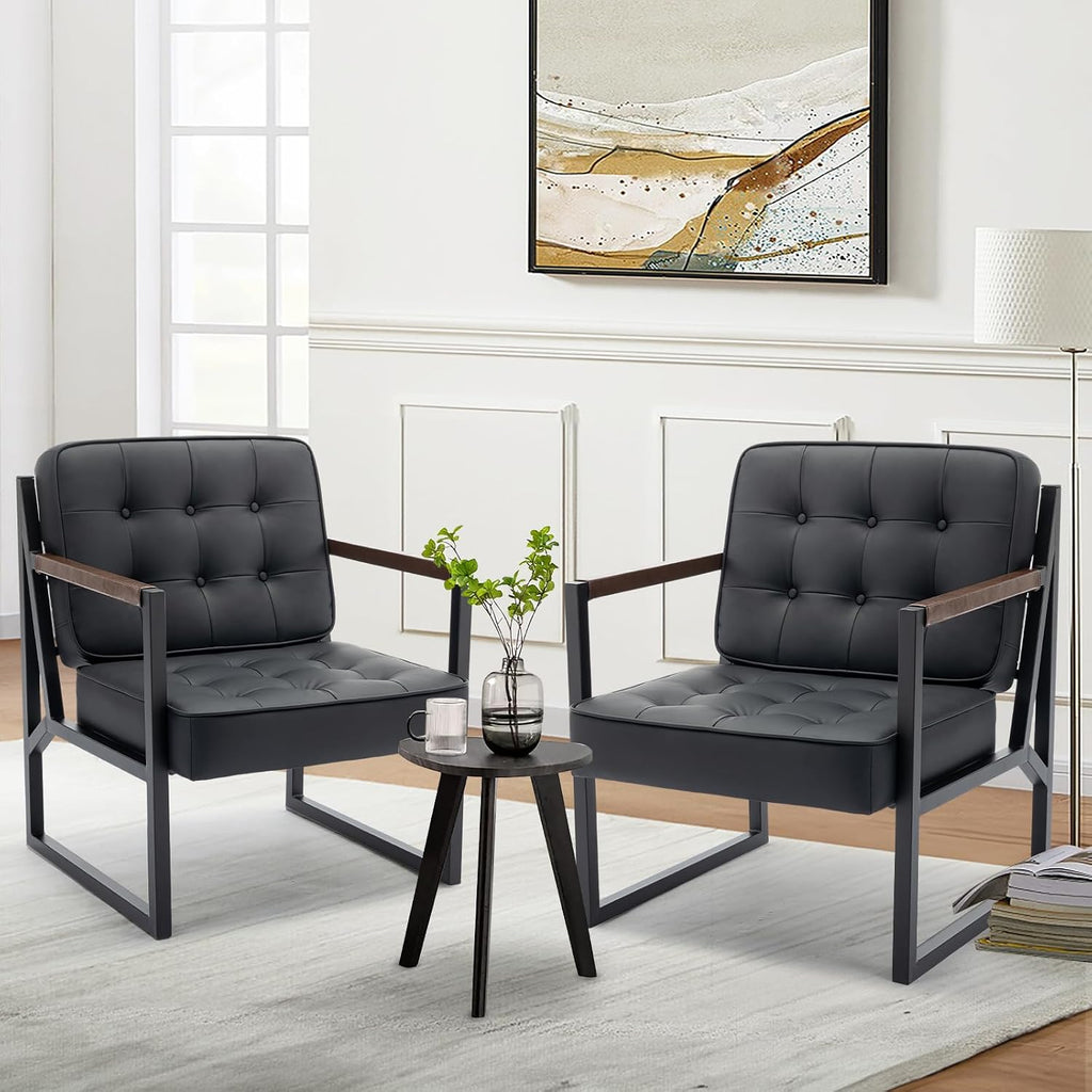 MALOL Mid Century Modern Accent Chair Set of 2, Comfy Living Room Chair, Black Leather Accent Chair, Faux Leather Reception Armchair with Metal Legs for Living Room Bedroom Reception Office, Black