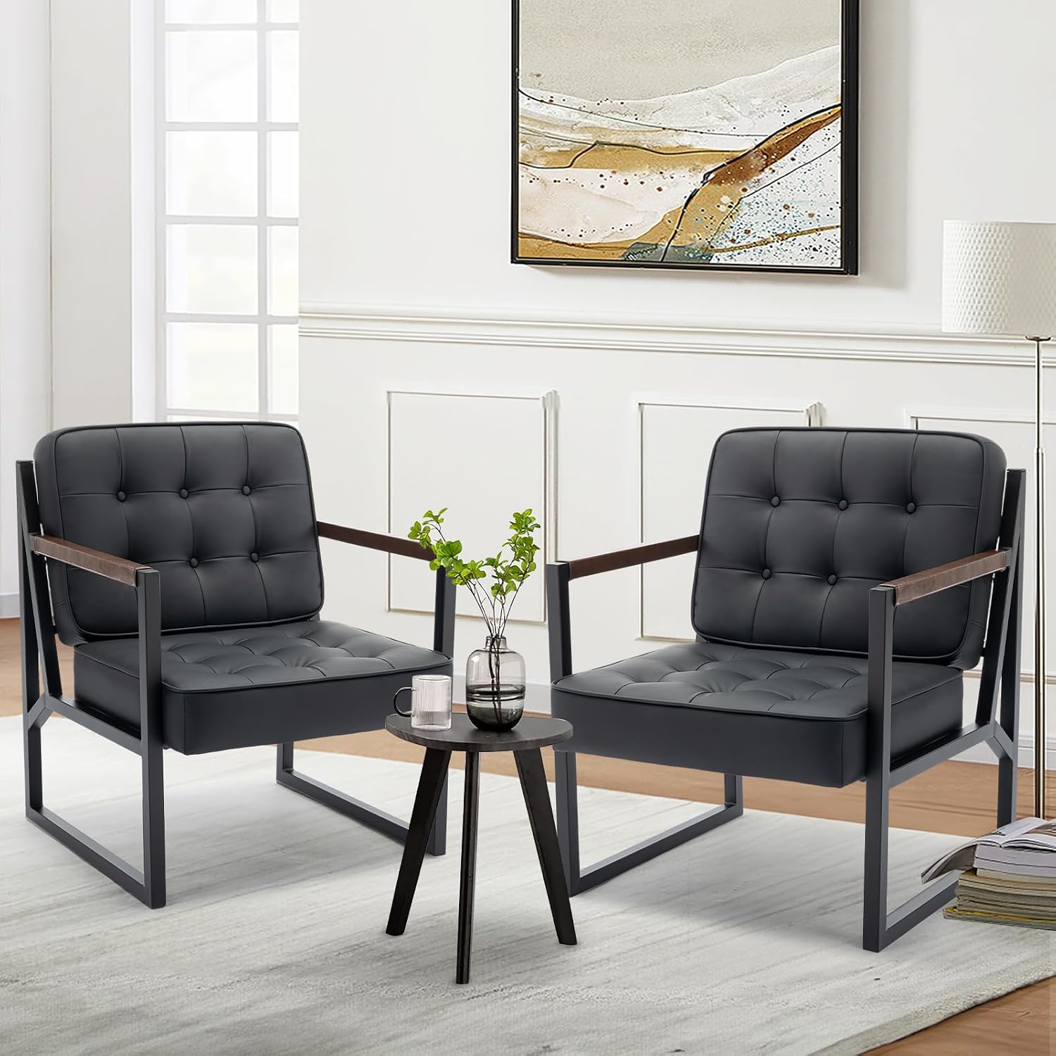 MALOL Mid Century Modern Accent Chair Set of 2, Comfy Living Room Chair, Black Leather Accent Chair, Faux Leather Reception Armchair with Metal Legs for Living Room Bedroom Reception Office, Black