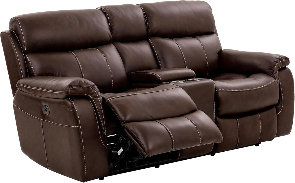 Furniture of America Corrals 77 inches Top Grain Leather Upholstered 2-Seater Power Recliner Loveseat with Cupholders and USB Port for Living Room, Home Office, Brown
