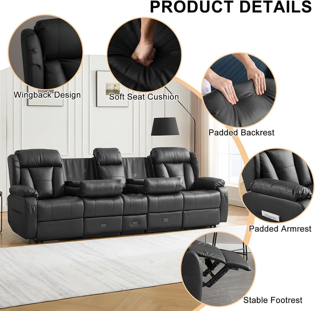 Loveseat Recliner Sofa,4 Seater Recliner Couch, Manual Reclining Loveseat with Console for Living Room, Home Theater Seating with AC/USB C/USB Ports Drawer Cup Holder (Black, 4 Seater + Console)