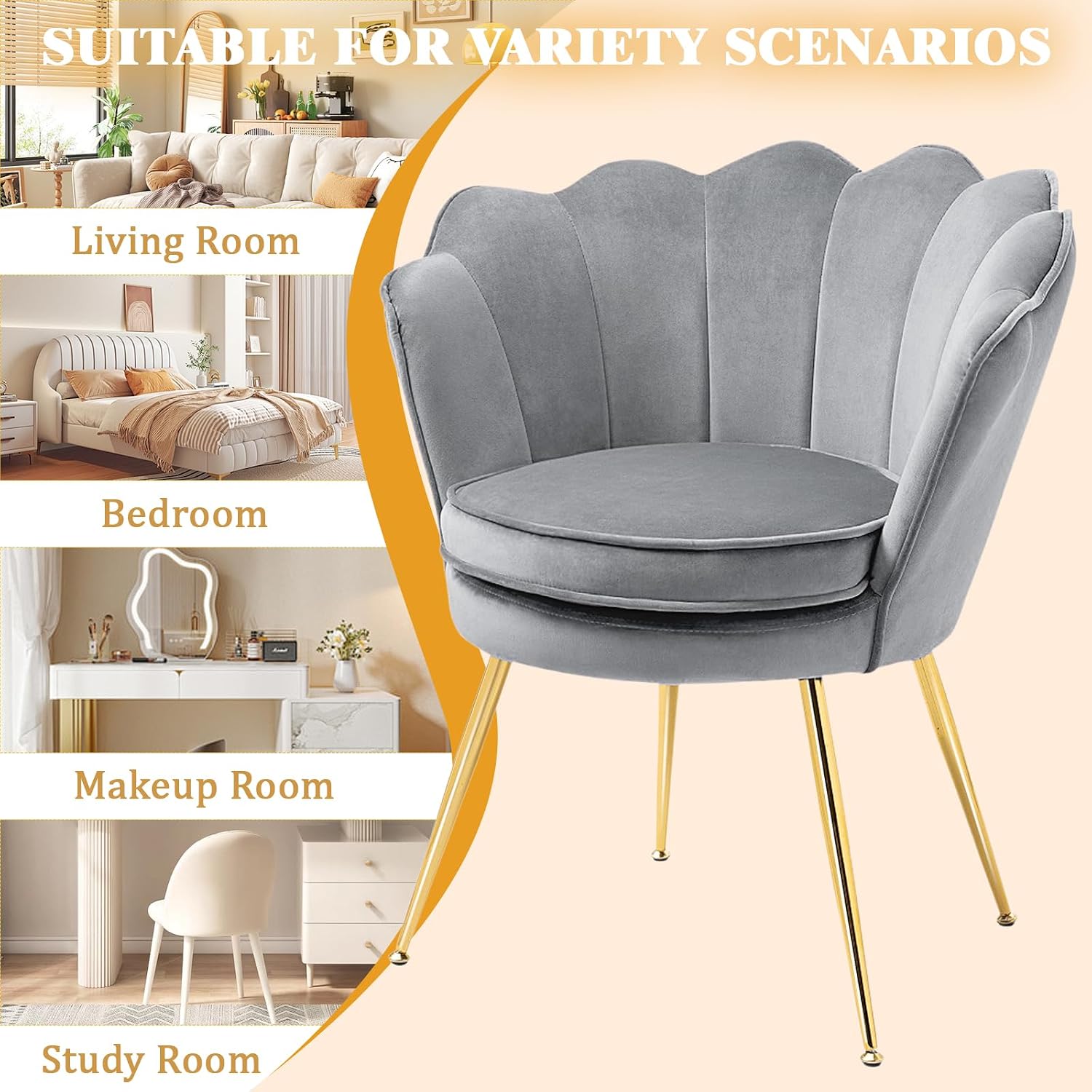 Czlolo Accent Chairs Set of 2 for Living Room, Velvet Upholstered Makeup Room Vanity Chair with Back, Golden Metal Legs Small Accent Side Chair for Bedroom, Cloud Chair Set, 2 Pcs Light Grey