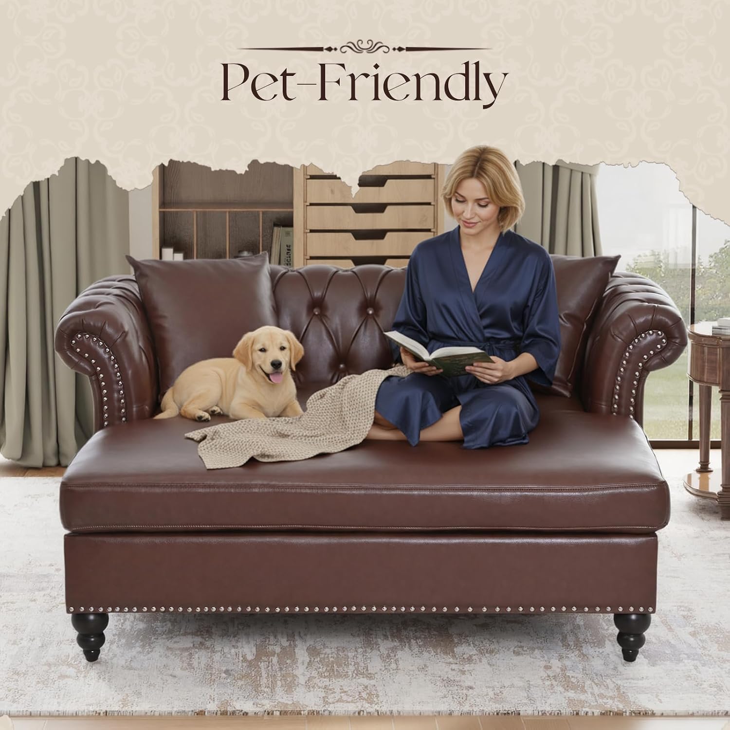 63' Oversized Chaise Lounge Comfy Reading Chair, Faux Leather Chesterfield Loveseat Sofa with Tufting Back & Rolled Arm with 2 Pillows, Comfy Couch for Indoor Relaxation, Living Room, Dark Brown
