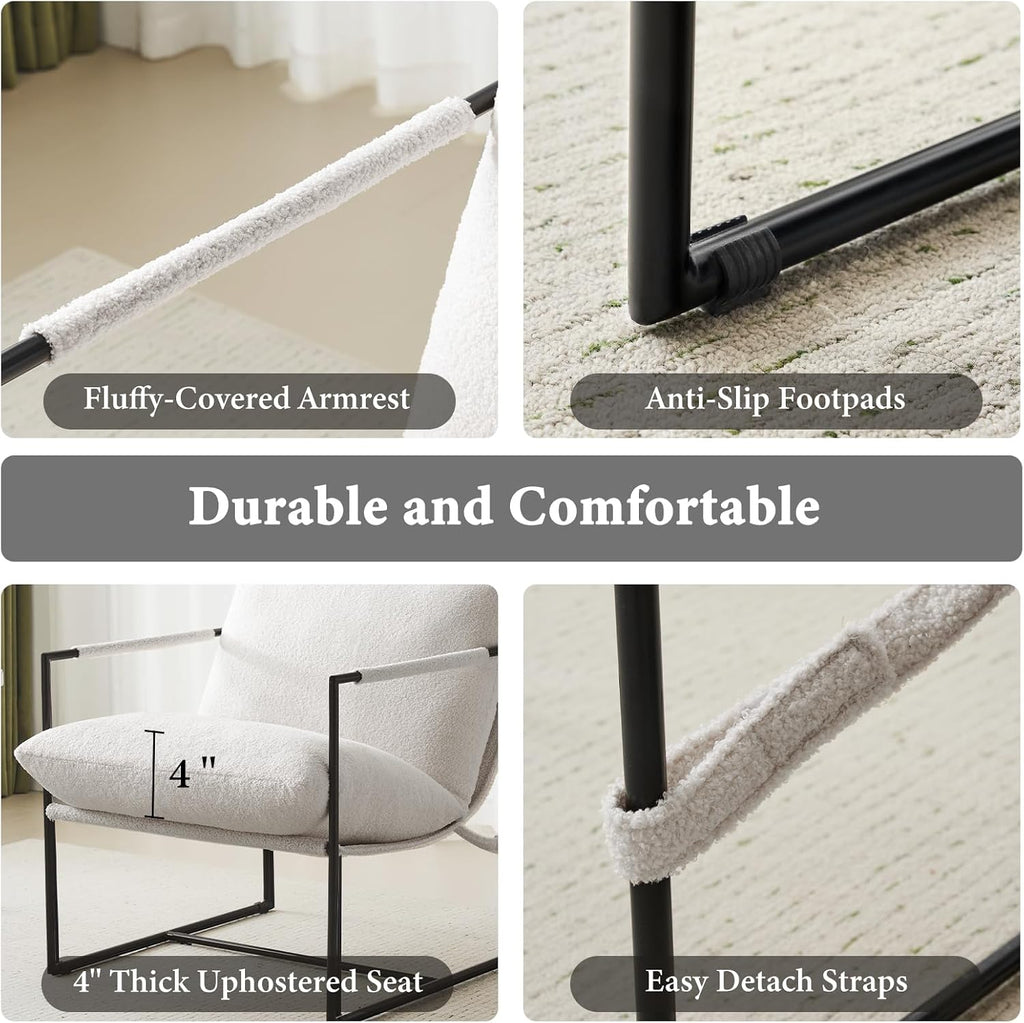 Furnilivng Large Sling Accent Chairs Set of 2, Comfortable Boucle Fabric Arm Chair, Upholstered Cozy Reading Chair for Living Room, Bedroom, Dressing Room, Home Office, White