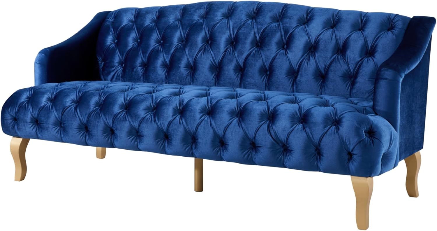 Christopher Knight Home Minxi Velvet Upholstered 3 Seater Sofa Couch, Wooden Home Sofa Living Room, Comfy Cloud Couch for Bedroom, Home Office, Button Tufted with Diamond Stitching, Dark Blue