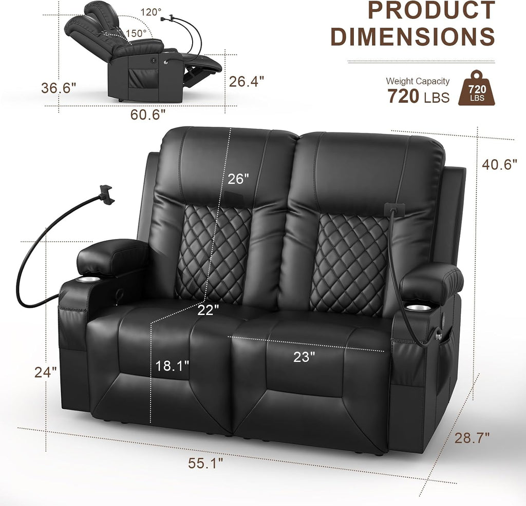 FURNIMAT Loveseat Recliner Sofa, 2 Seater Reclining Loveseat sofa, PU Leather RV Loveseat Couch, FSC Certified Recliner Chair for Living Room, with Cup Holder and 2 Cell Phone Holder, USB Ports, Black