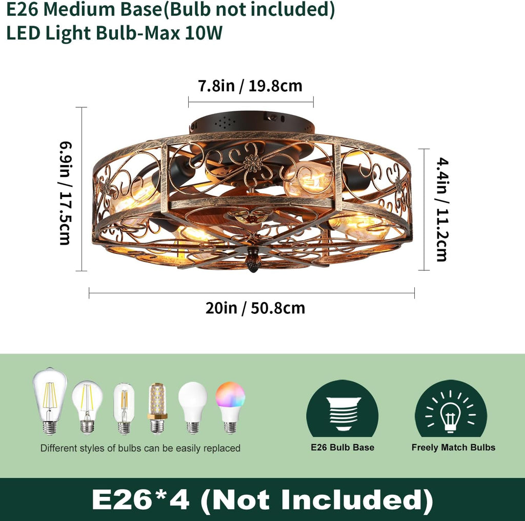 20'' Caged Ceiling Fan with Lights and Remote Control,Small Farmhouse Bladeless Low Profile Ceiling Fans Lights,Vintage Flush Mount Ceiling Light,Reversible Motor 6 Speeds for Bedroom,Living Room