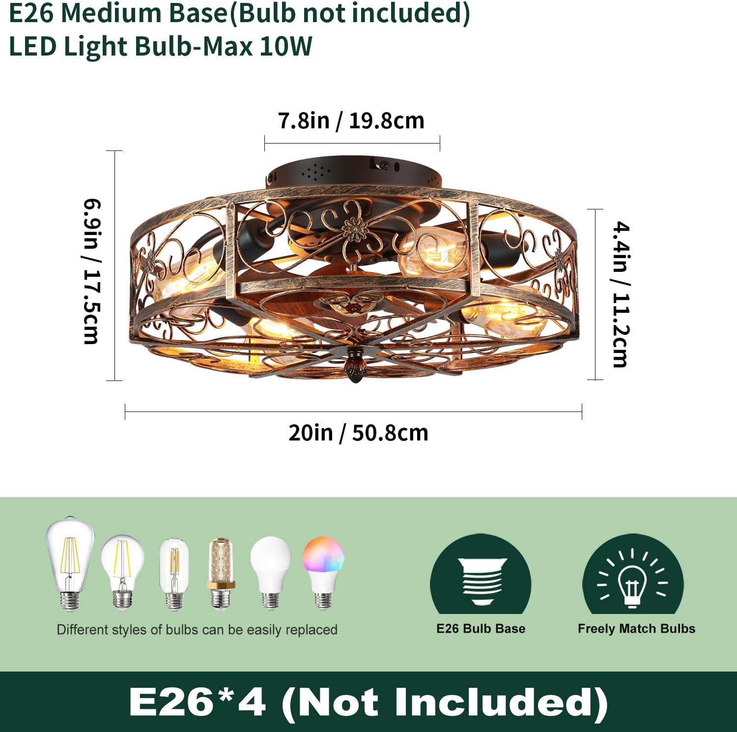 20'' Caged Ceiling Fan with Lights and Remote Control,Small Farmhouse Bladeless Low Profile Ceiling Fans Lights,Vintage Flush Mount Ceiling Light,Reversible Motor 6 Speeds for Bedroom,Living Room