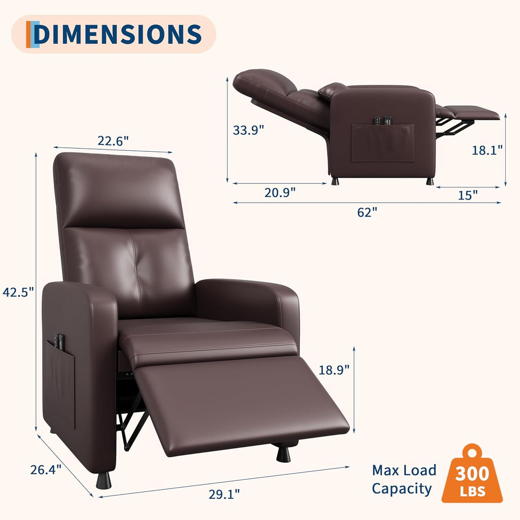 Power Recliner Chair with Heat & Massage, Adjustable Electric PU Leather Single Sofa, Ergonomic Tall-Back Padded Seat, Home Theater Seating Recliner for Living Room