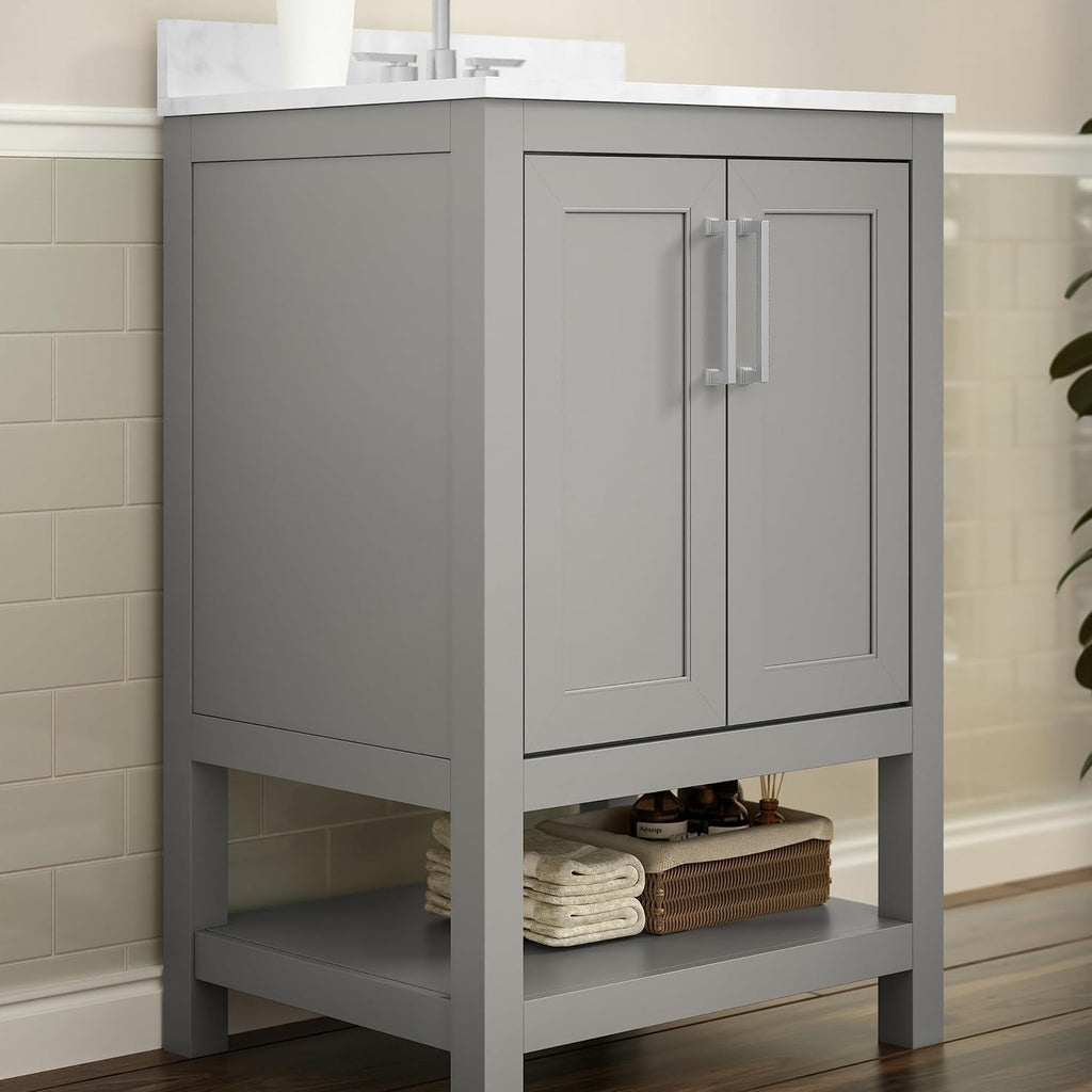 Flash Furniture Vega 24 Inch Bathroom Vanity with Sink Combo, Storage Cabinet with Soft Close Doors and Open Shelf, Carrara Marble Finish Countertop, Gray/White
