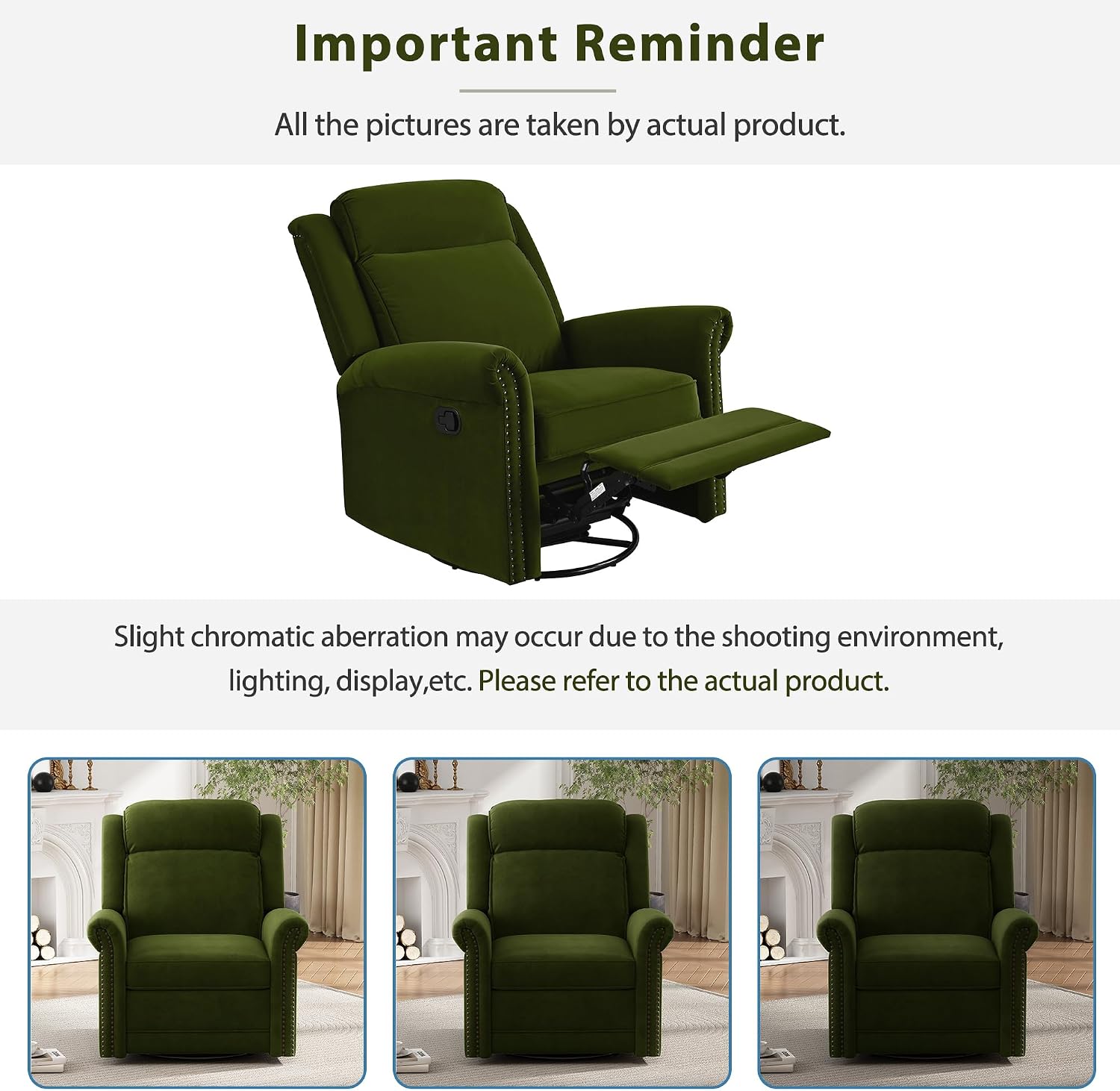 Christopher Knight Home 360° Swivel Recliner, Velvet Rocking Recliner Upholstered Recliner Chair, Rocker with Adjustable Backrest Nailhead Trims, Green