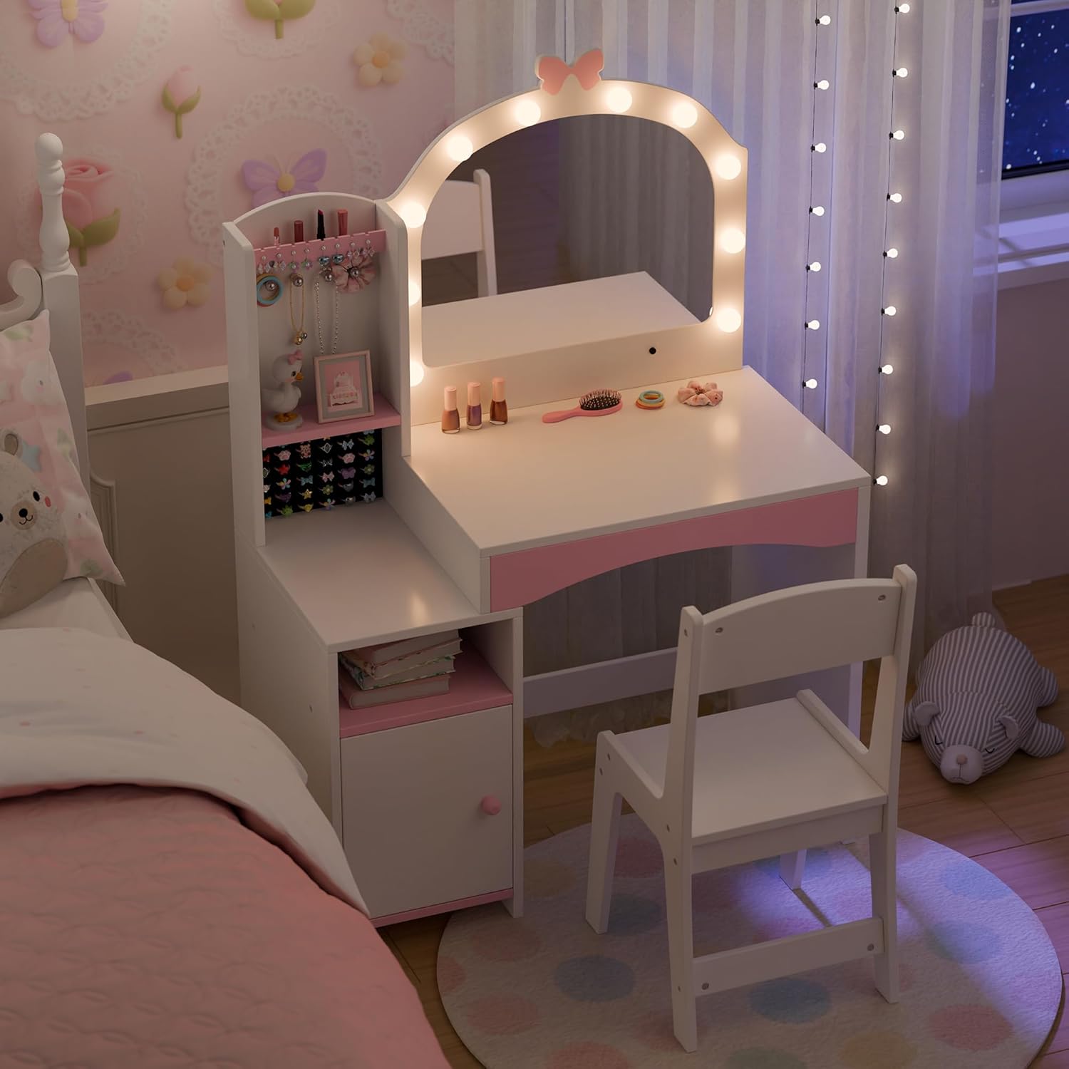 Girls Vanity Table and Chair Set, Kids Vanity with Jewelry Organizer for Princess, Toddler Makeup Vanity Desk with Open Shelf, Closed Cabinet and Butterfly Pattern, White