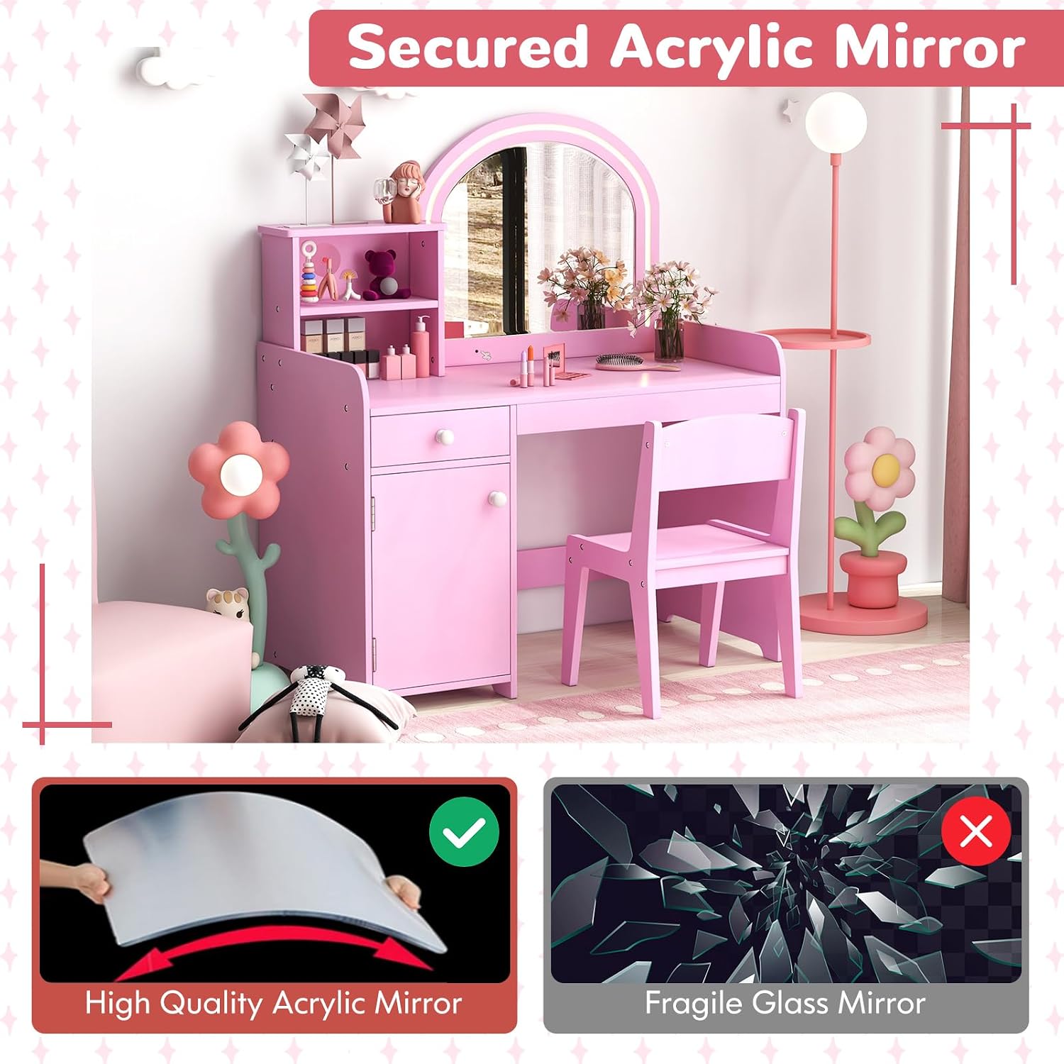 HONEY JOY Kids Vanity with Lights, Little Girls Vanity Set with Mirror and Stool and Lights, Wooden Princess Makeup Dressing Table, Storage Cabinet, Pretend Play Kids Vanity Table and Chair Set(Pink)
