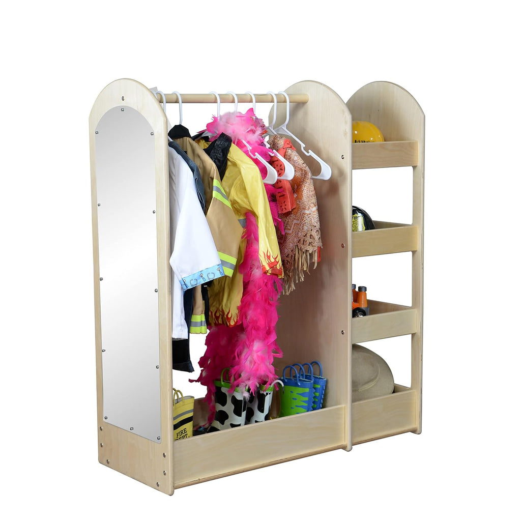 Contender Wooden Kids Fashion Pretend Dress-Up Station, Toddlers Clothing and Shoes Closet, Montessori Kids Room Furniture with Mirror & Side Hooks for Costume Storage