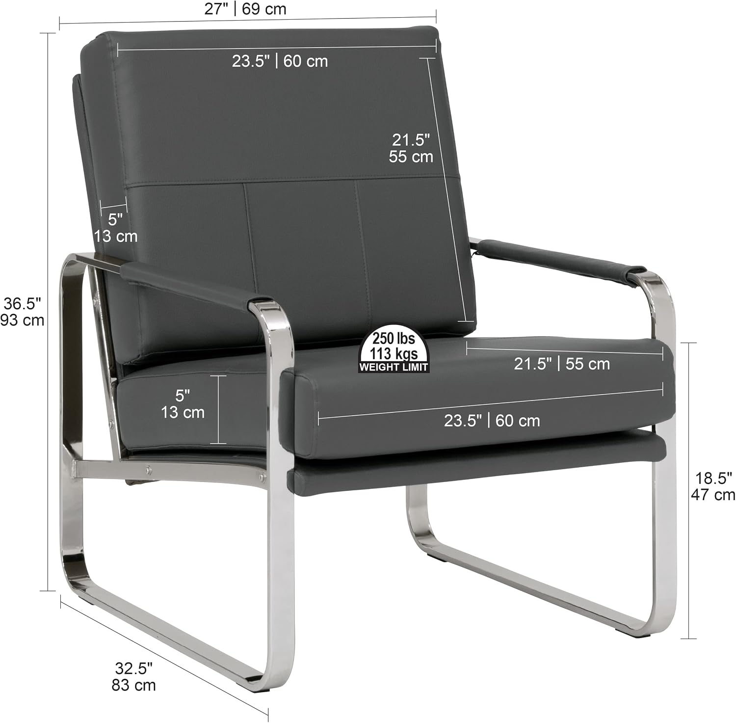 Studio Designs Home Allure Modern Accent Chair in Blended Leather, Chrome/Smoke Gray