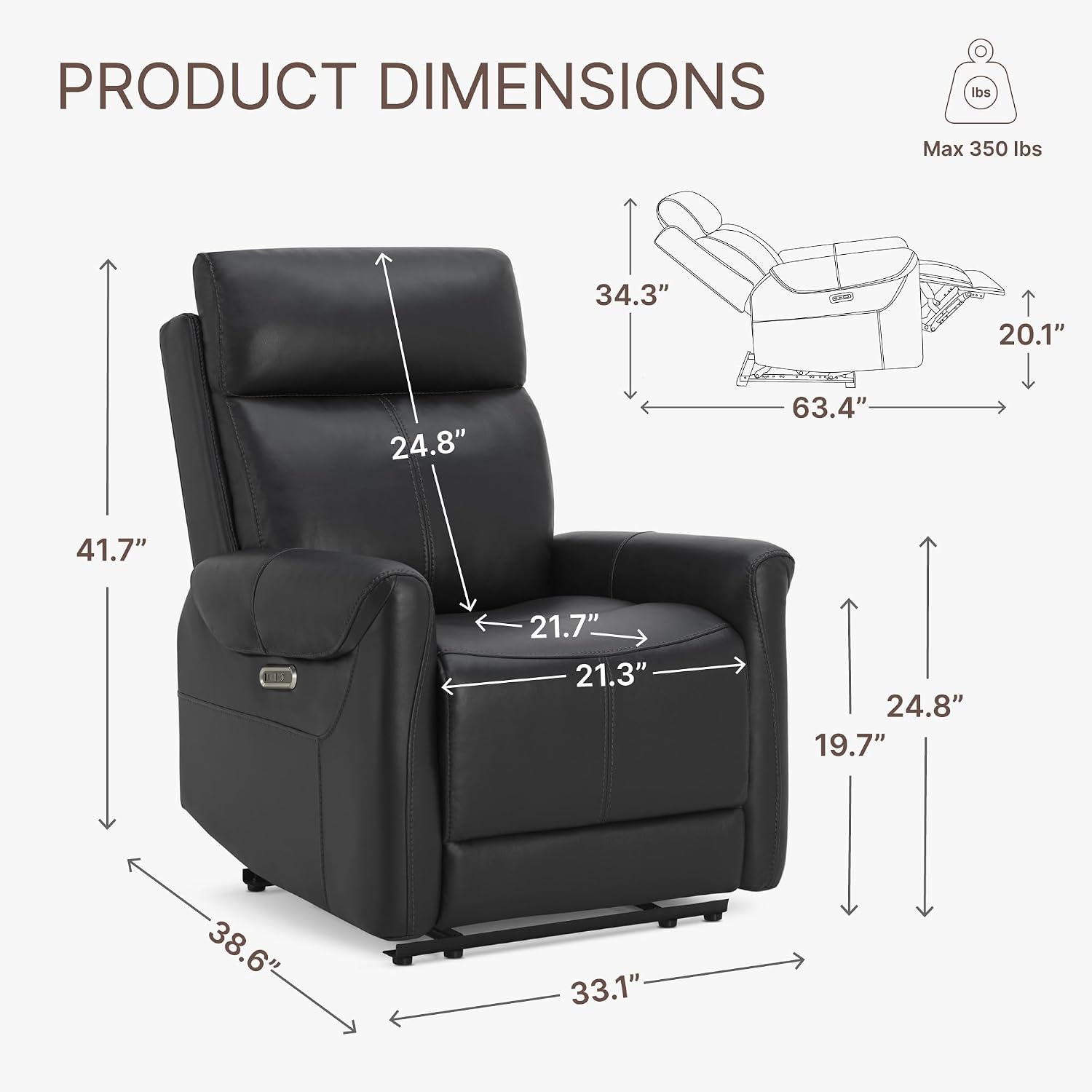 KISLOT Wall Hugger Recliner Chair for Adults, Faux Leather RV Recliner with USB Charging Ports Electric Power Reclining Sofa for Living Room Home Theater Seating Bedroom