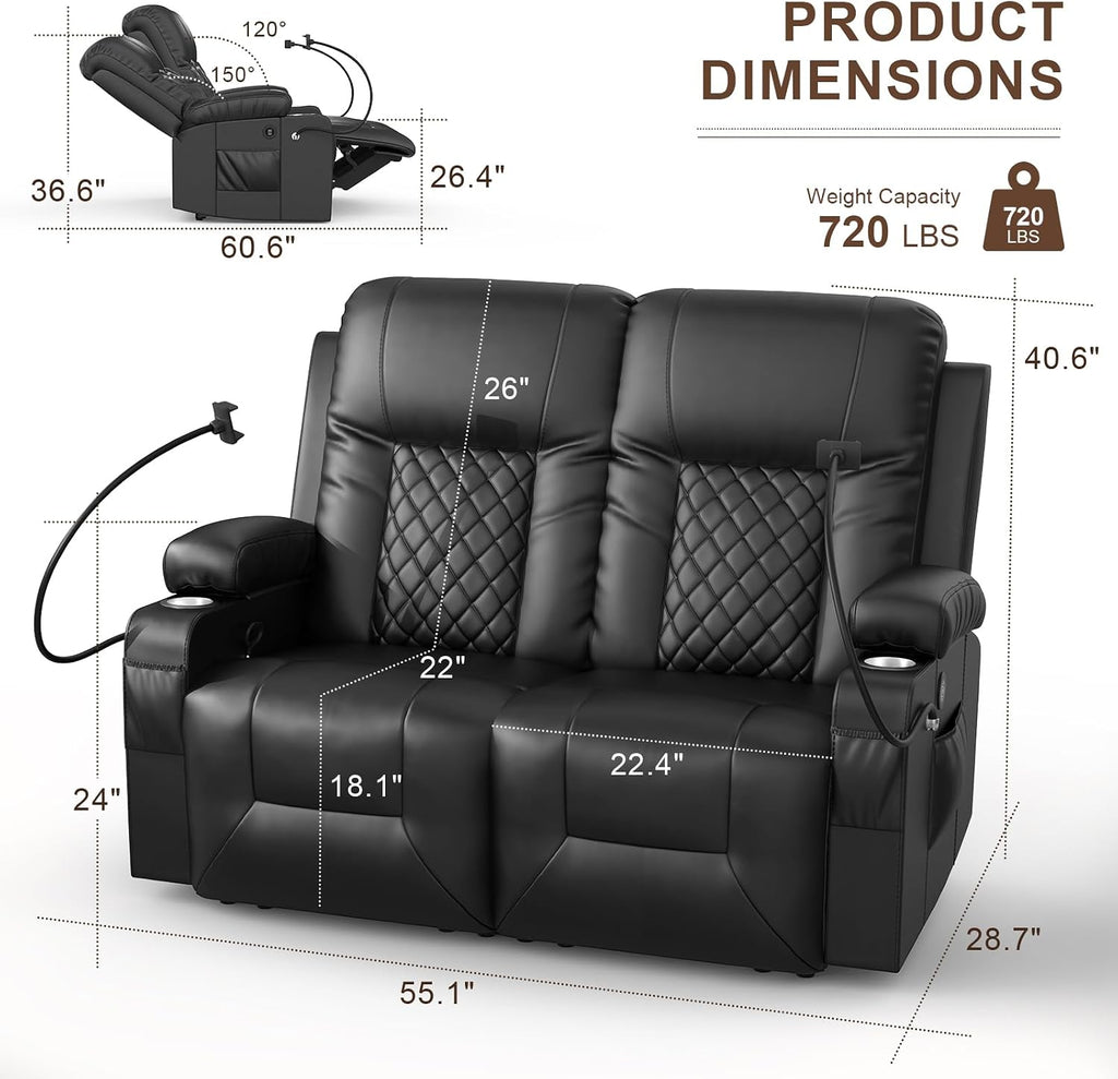 FURNIMAT Loveseat Recliner Sofa, 2 Seater Reclining Loveseat Sofa, Modern PU Leather RV Loveseat Couch for Living Room/RV, with USB Ports, Cup Holders, Insert Pockets, Cell Phone Holders, Black