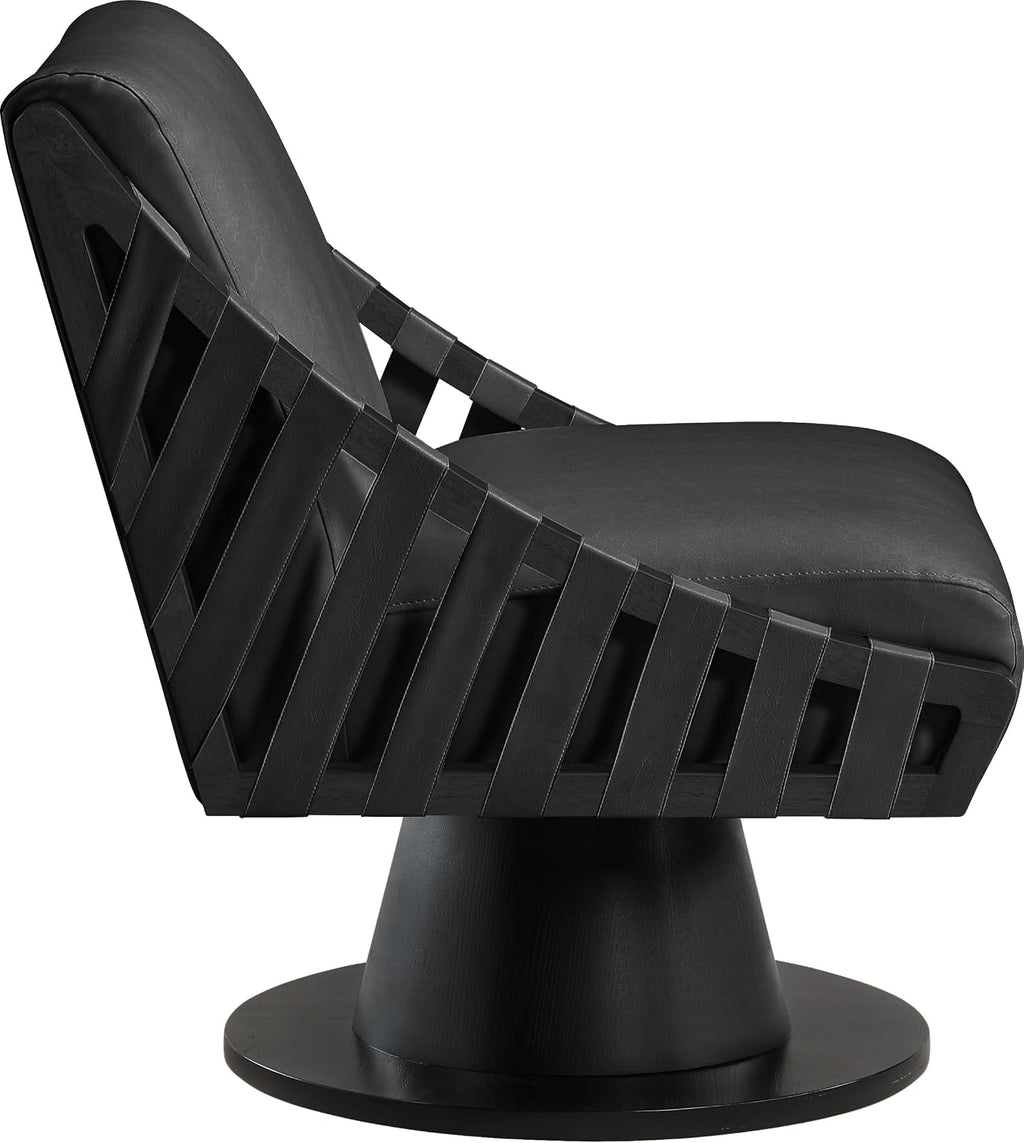 Meridian Furniture 33002Black Millwin Collection Art Deco Swivel Accent Chair with Rich Black Vegan Leather, Black Finish, Solid Wood Frame and Base, 28' W x 30' D x 32.5' H, Black