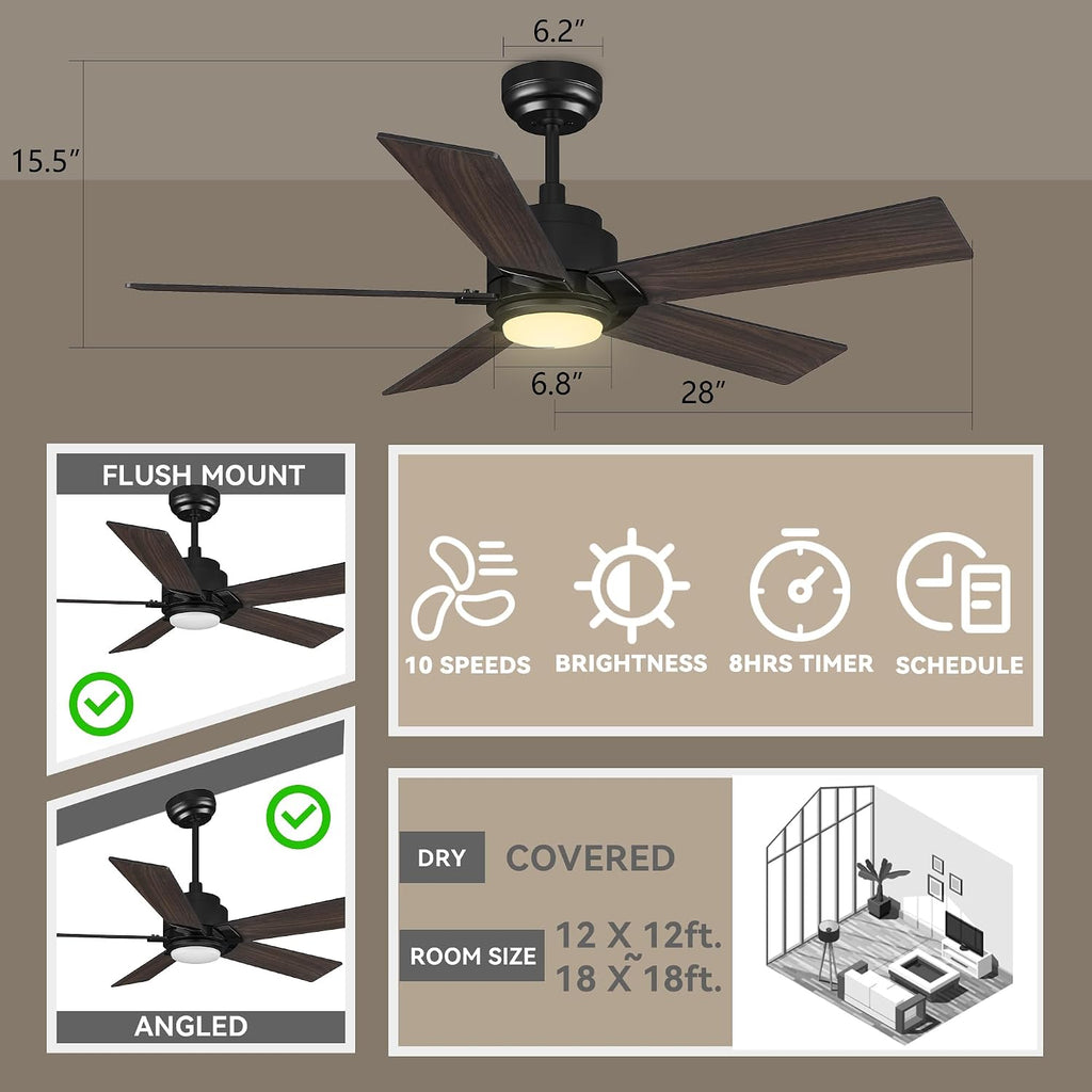 SMAAIR 56 Inch DC Ceiling Fans with Lights and Remote Control, Modern Ceiling Fan Works with APP/Alexa/Google Assistant/Siri, 5 Reversible Plywood Blades, 10 Speed DC Motor, Walnut/Light Wood