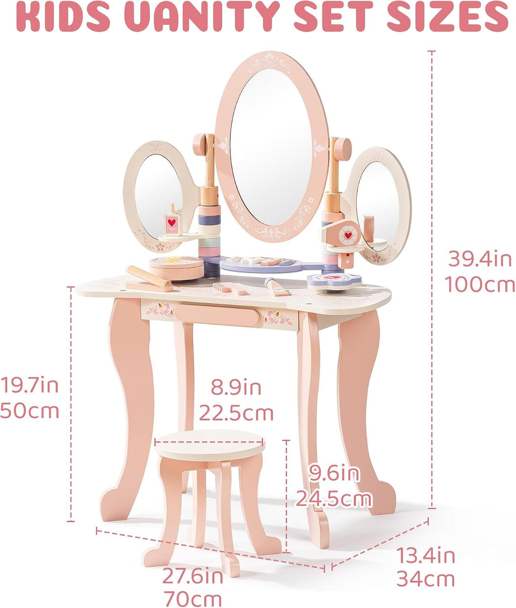 ROBOTIME Kids Vanity Set with Mirror and Stool – Wooden Pink Makeup Table with 11 PCS Accessories – Play Beauty Dresser with Mirrors, Drawer– Kids Vanity Table and Chair Set for Girls Ages 3+