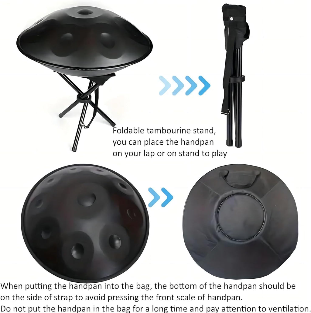YAYUZEST Advanced Adult Handpan, 22-Inch 10-Note 440Hz D Minor Kurd Steel Drum with Soft Bag, 2 Mallets, Stand and Dust-Free Cloth (Black)