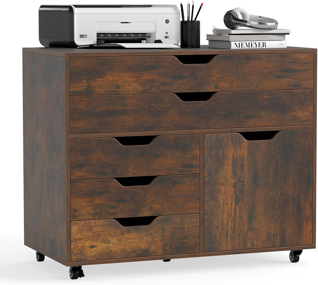 MAT EXPERT 5-Drawer Mobile File Cabinet w/Door, Lateral Filing Cabinet w/5 Universal Wheels, Rolling File Cabinets with Storage, Modern Wood Printer Stand for Home Office, Living Room (Rustic Brown)
