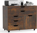 MAT EXPERT 5-Drawer Mobile File Cabinet w/Door, Lateral Filing Cabinet w/5 Universal Wheels, Rolling File Cabinets with Storage, Modern Wood Printer Stand for Home Office, Living Room (Rustic Brown)