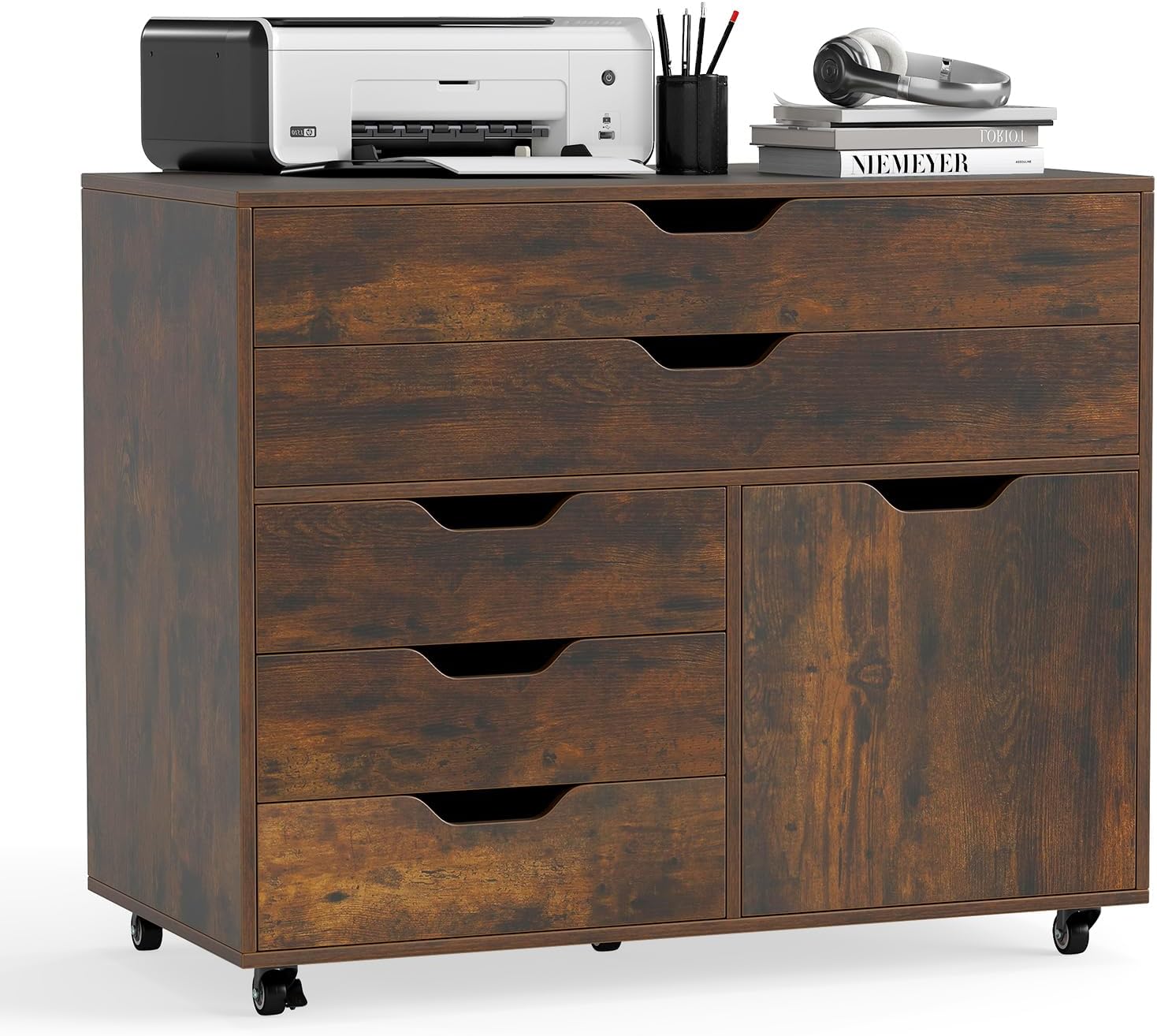 MAT EXPERT 5-Drawer Mobile File Cabinet w/Door, Lateral Filing Cabinet w/5 Universal Wheels, Rolling File Cabinets with Storage, Modern Wood Printer Stand for Home Office, Living Room (Rustic Brown)