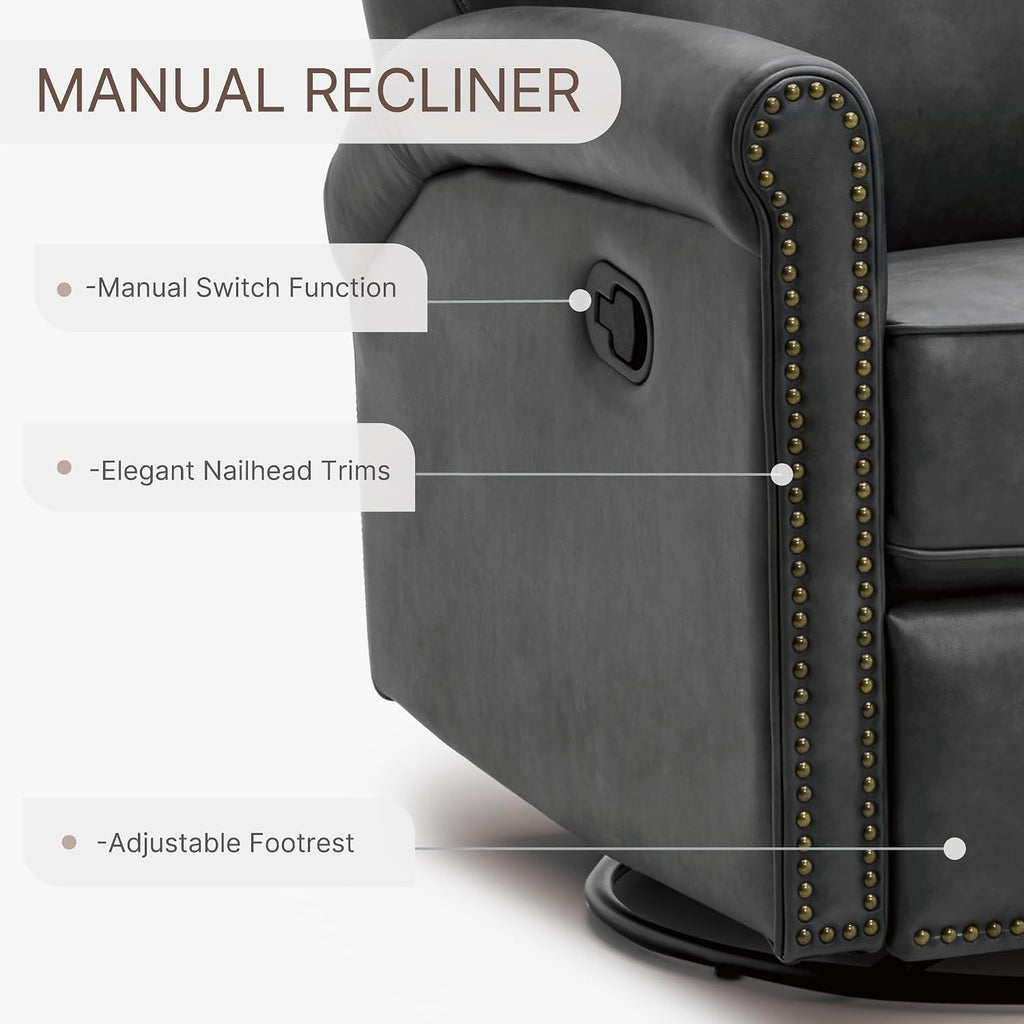 KISLOT Large Leather Recliner Chair Faux Swivel Rocker for Adults Manual Sofa for Living Room Bedroom Home Theater Seating
