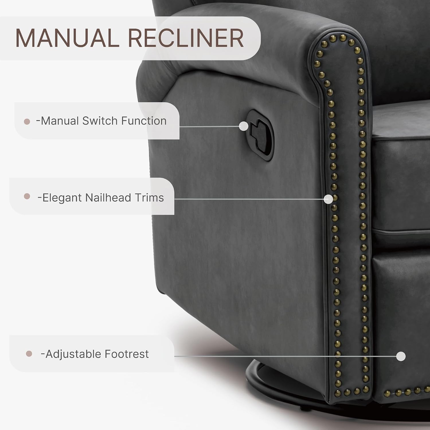 KISLOT Large Leather Recliner Chair Faux Swivel Rocker for Adults Manual Sofa for Living Room Bedroom Home Theater Seating