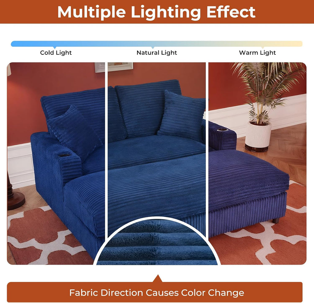 60' Oversized Chaise Lounge Chair Indoor, Upholstered Sofa Bed with Pillows & 2 Cup Holders, Sleeper Couch Comfy Corduroy Recliner Chair for Living Room, Movie Room, Bedroom, Blue