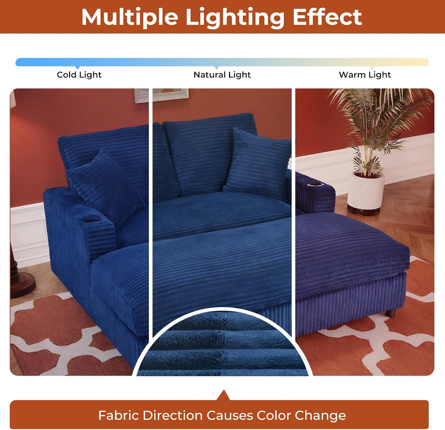60' Oversized Chaise Lounge Chair Indoor, Upholstered Sofa Bed with Pillows & 2 Cup Holders, Sleeper Couch Comfy Corduroy Recliner Chair for Living Room, Movie Room, Bedroom, Blue