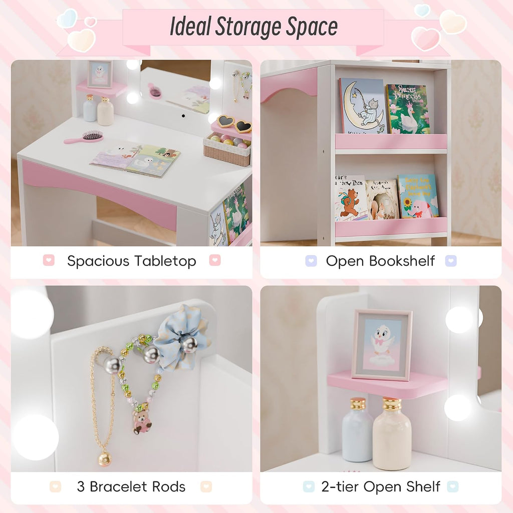 Girls Vanity with Lights, Kids Vanity Table and Chair Set for Princess, Toddler Makeup Vanity Desk with Open Bookshelf, Storage Cabinet & Side Shelves, Stools, White