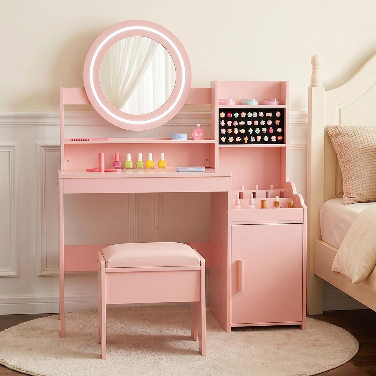 INFANS Kids Vanity with Lights, Princess Makeup Desk with Mirror Storage Shelves, Toddler Table and Chair Set Pretend Play for Girls Aged 4-9