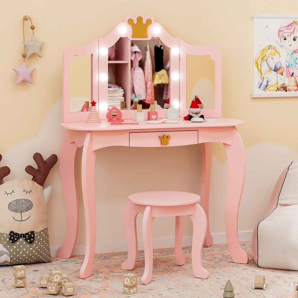 Costzon Kids Vanity with Lights, Girls Vanity Set with Mirror and Stool, Drawer, 2 in 1 Princess Makeup Desk Dressing Table, Kids Vanity Table and Chair Set (Pink)