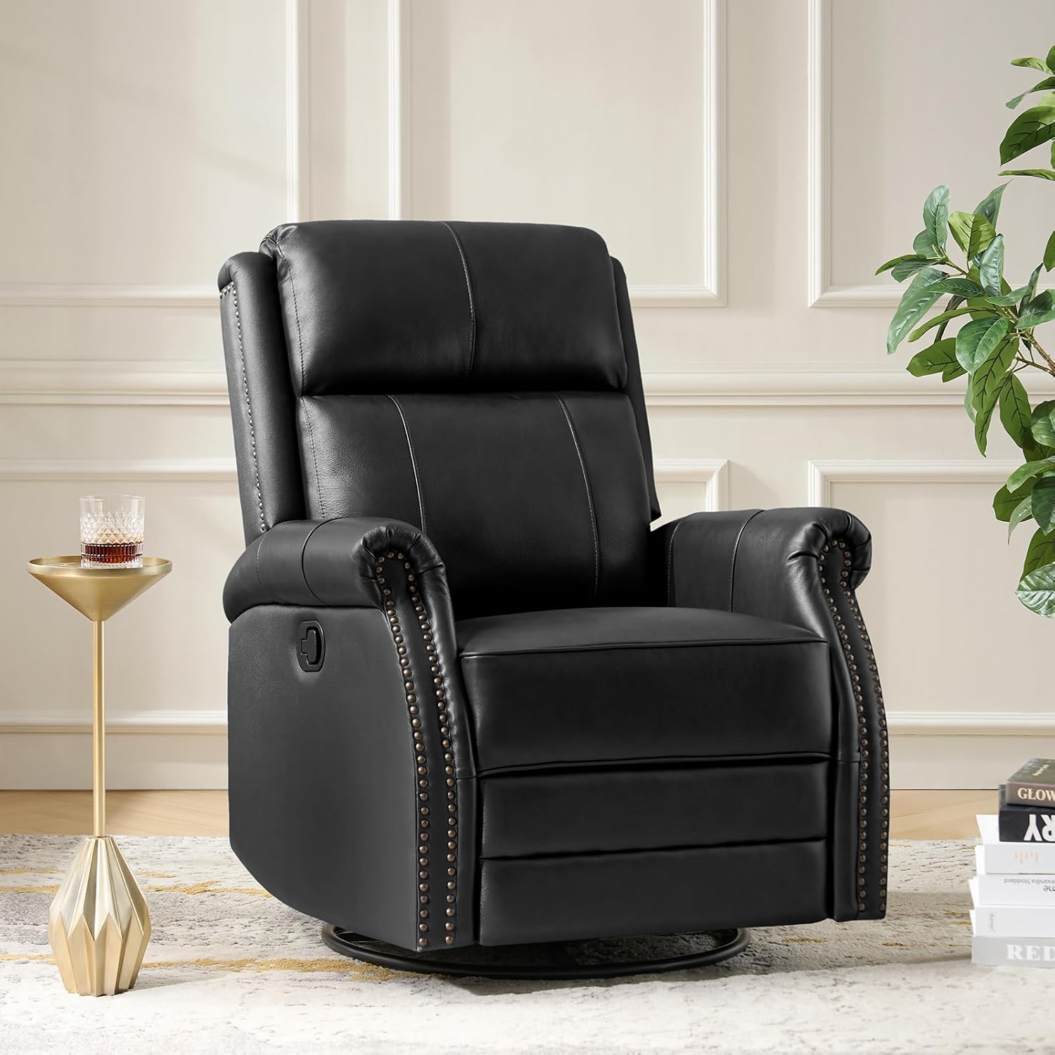 HULALA HOME Genuine Leather Swivel Rocker Recliners Set of 2 with Adjustable Backrest & Footrest,Manual Glider Recliner Chair with Swivel Base, Home Theater Sofa Armchair for Living Room Bedroom,BLACK