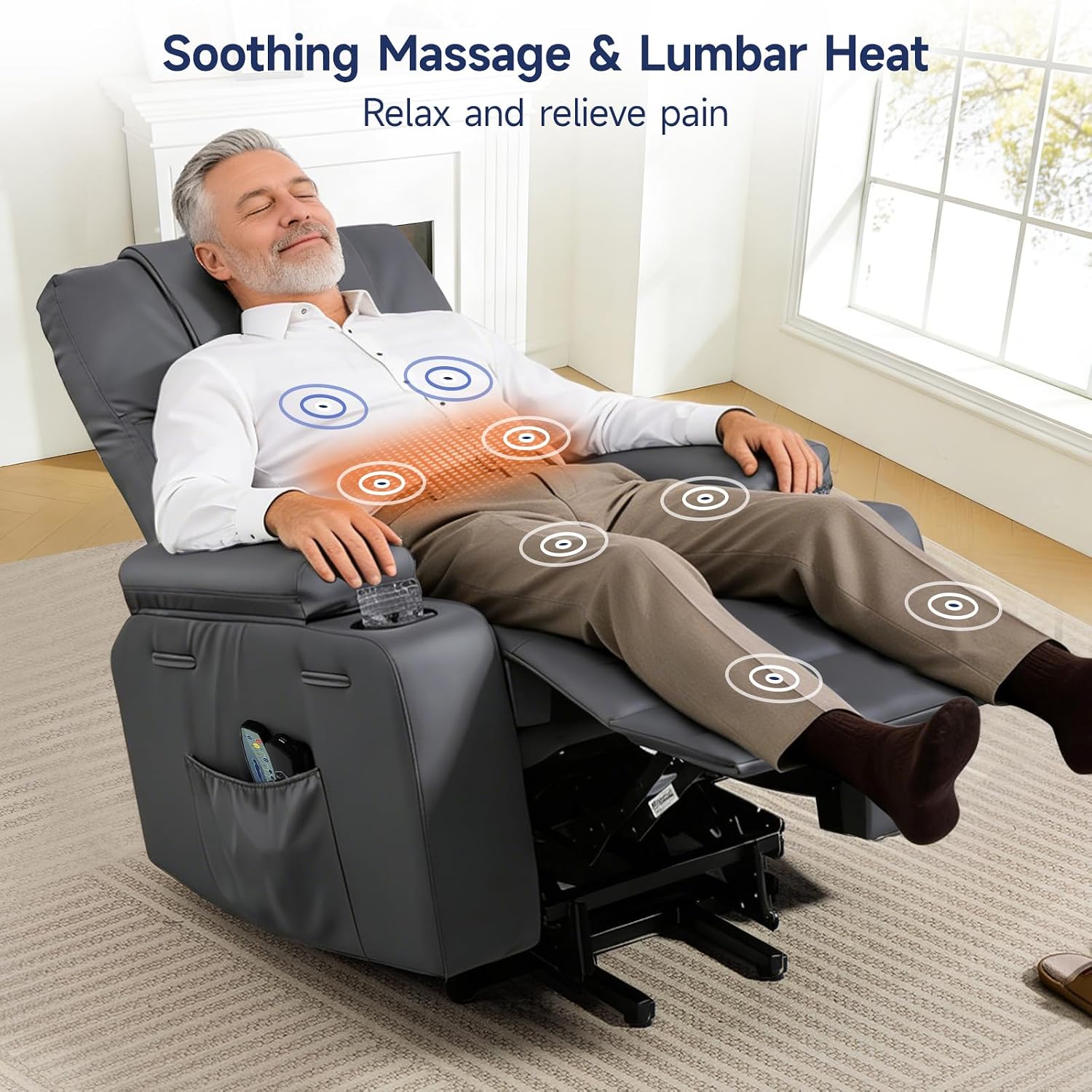 Brage Living Power Lift Recliner Chair for Elderly with Massage & Heat, PU Leather Electric Recliner with 160° Adjustable Recline, Stand Assist, Remote Control, USB Charge Port, Cup Holders (Gray)