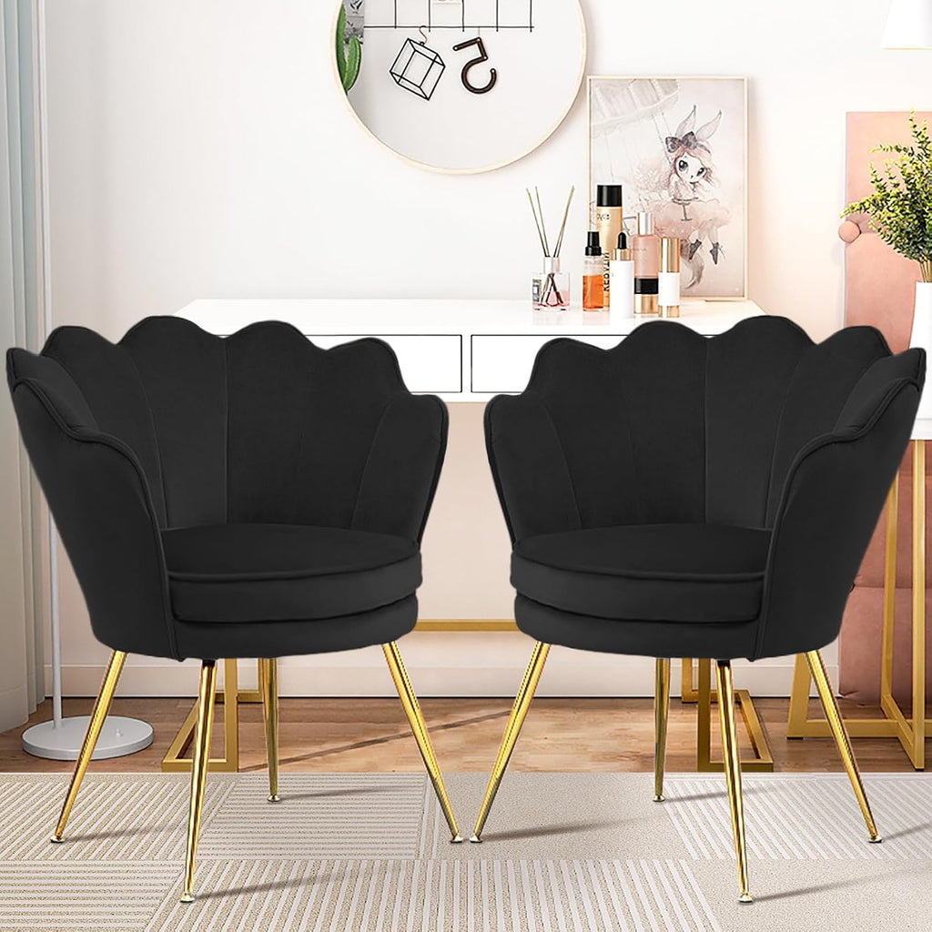 Czlolo Accent Chairs Set of 2 for Living Room, Velvet Upholstered Makeup Room Vanity Chair with Back, Golden Metal Legs Small Accent Side Chair for Bedroom, Cloud Chair Set, 2 Pcs Black