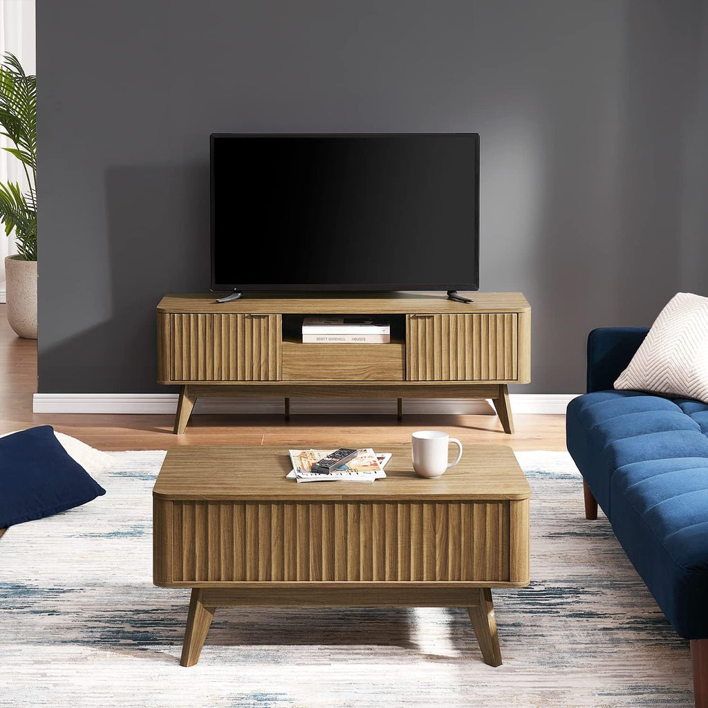 mopio Brooklyn Lift Top Coffee Table for Living Room, Mid Century, Modern Farmhouse with Lifting Tabletop & Hidden Storage, Fluted Panel, Rising Pull Up Dining Table (Walnut)