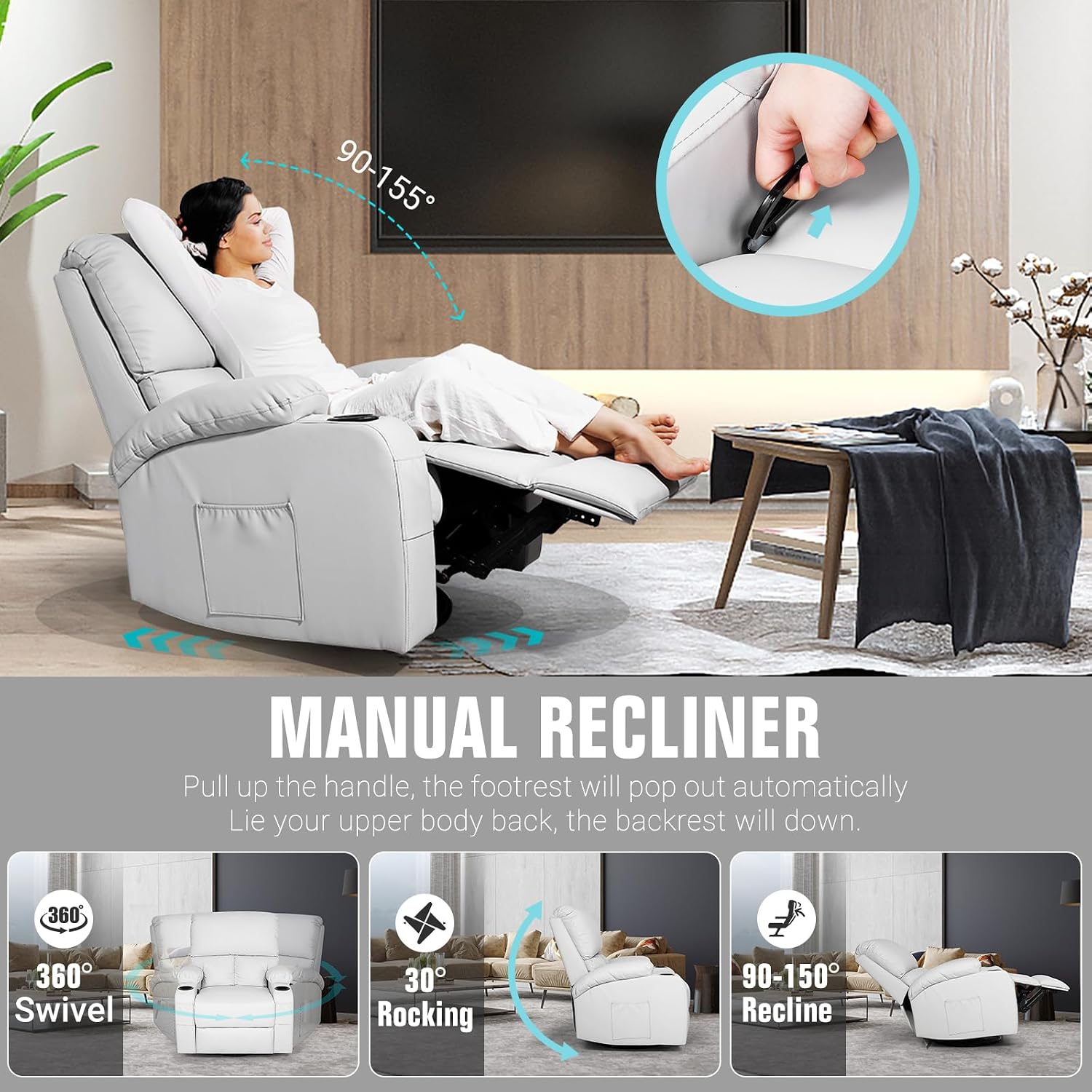 LEVELEVE Rocking Recliner Chair, Massage Rocker Recliner Chair with Vibration Massage and Heat, 360° Swivel Recliner Chairs, Living Room, Bedroom, Nursery, RV, Grey