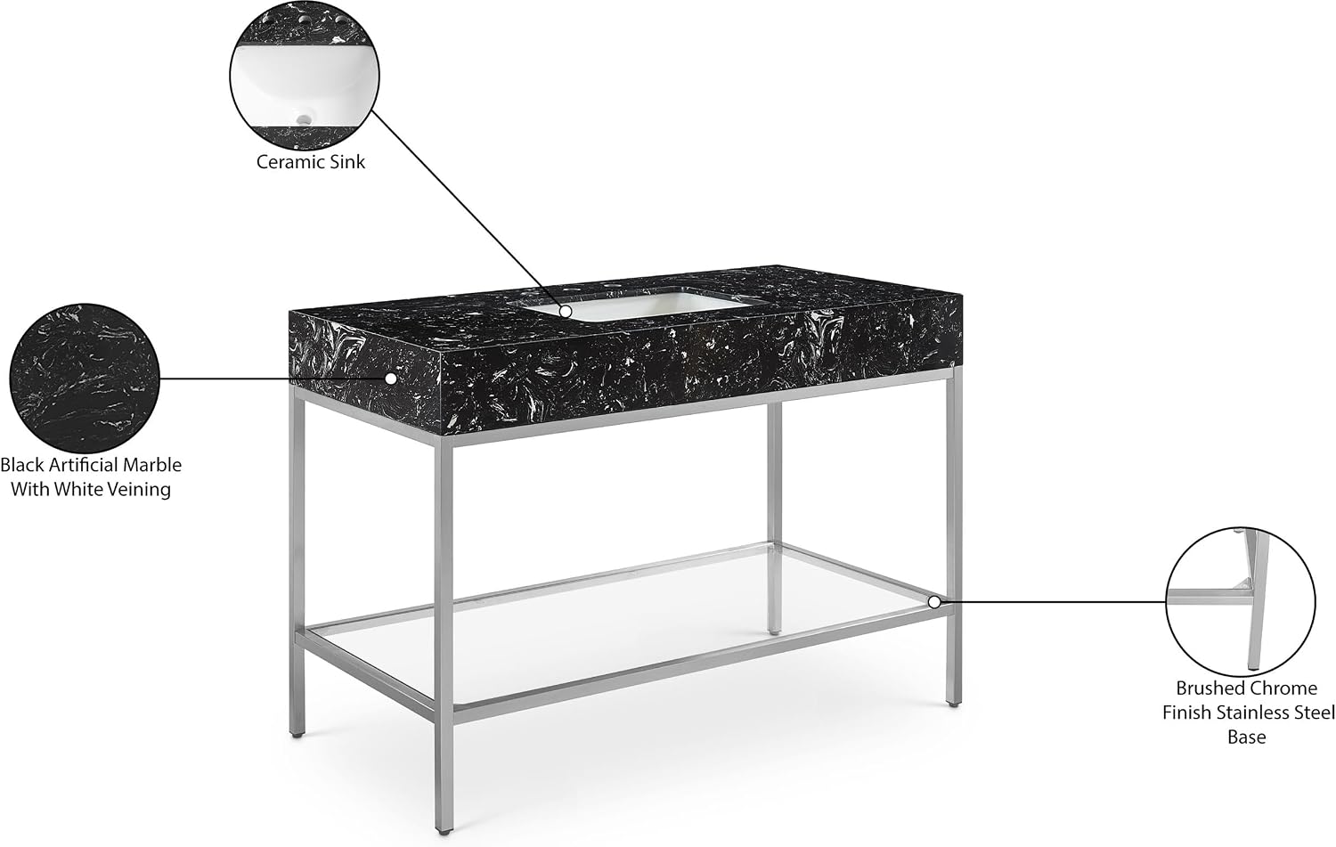 Meridian Furniture 408Black-48 Marmo Collection Modern | Contemporary Bathroom Vanity with Black Engineered Stone with White Veining, Brushed Chrome Stailness Steel Base, 48' W x 23' D x 34' H, Black