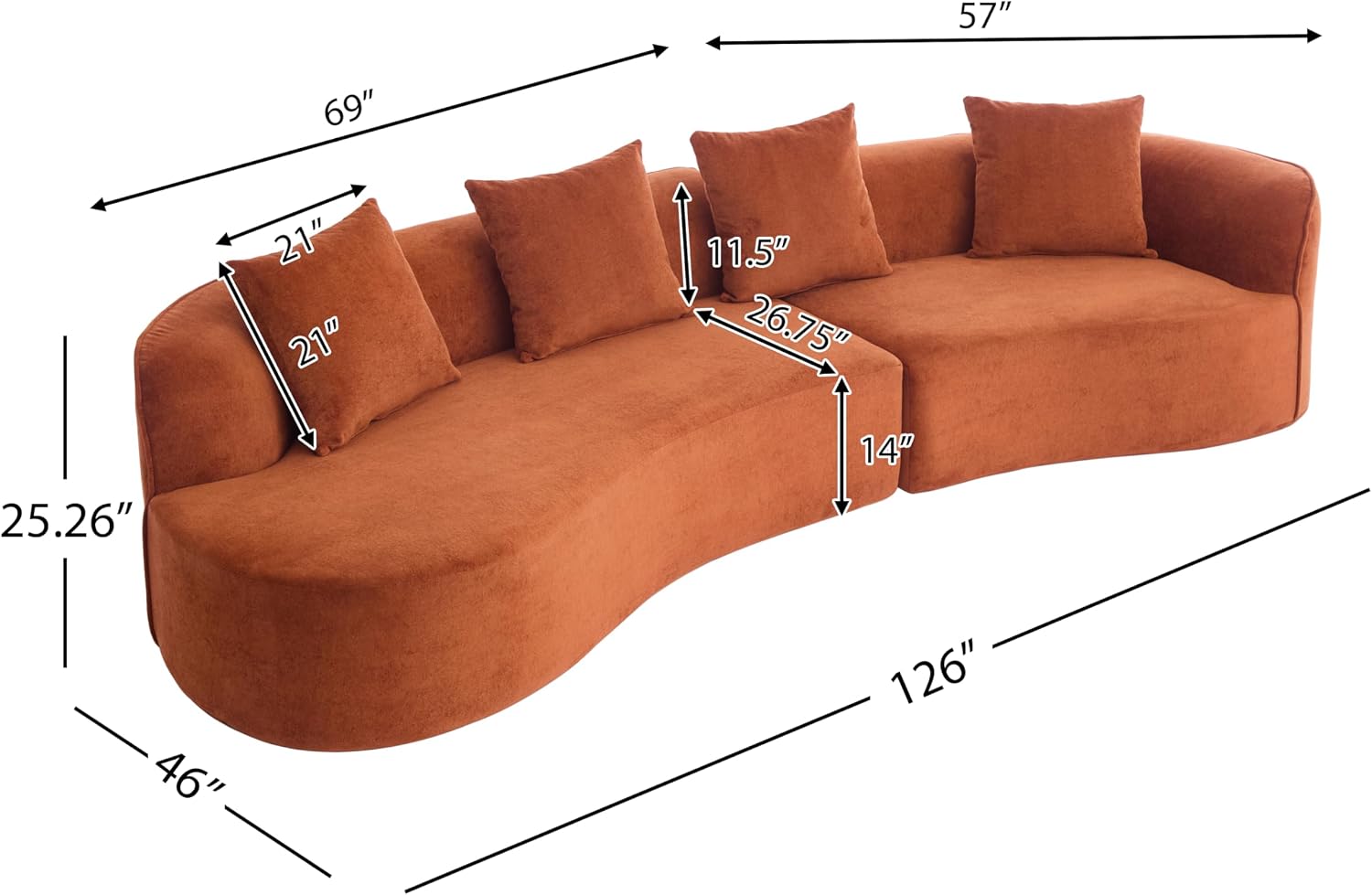 Christopher Knight Home Braebt 126' Modular Sofa with 4 Throw Pillows, Curved 5-Seater Large Sofa Couches, Comfy Upholstered Sectional Cloud Couch for Living Room, No Assembly Required, Dark Orange